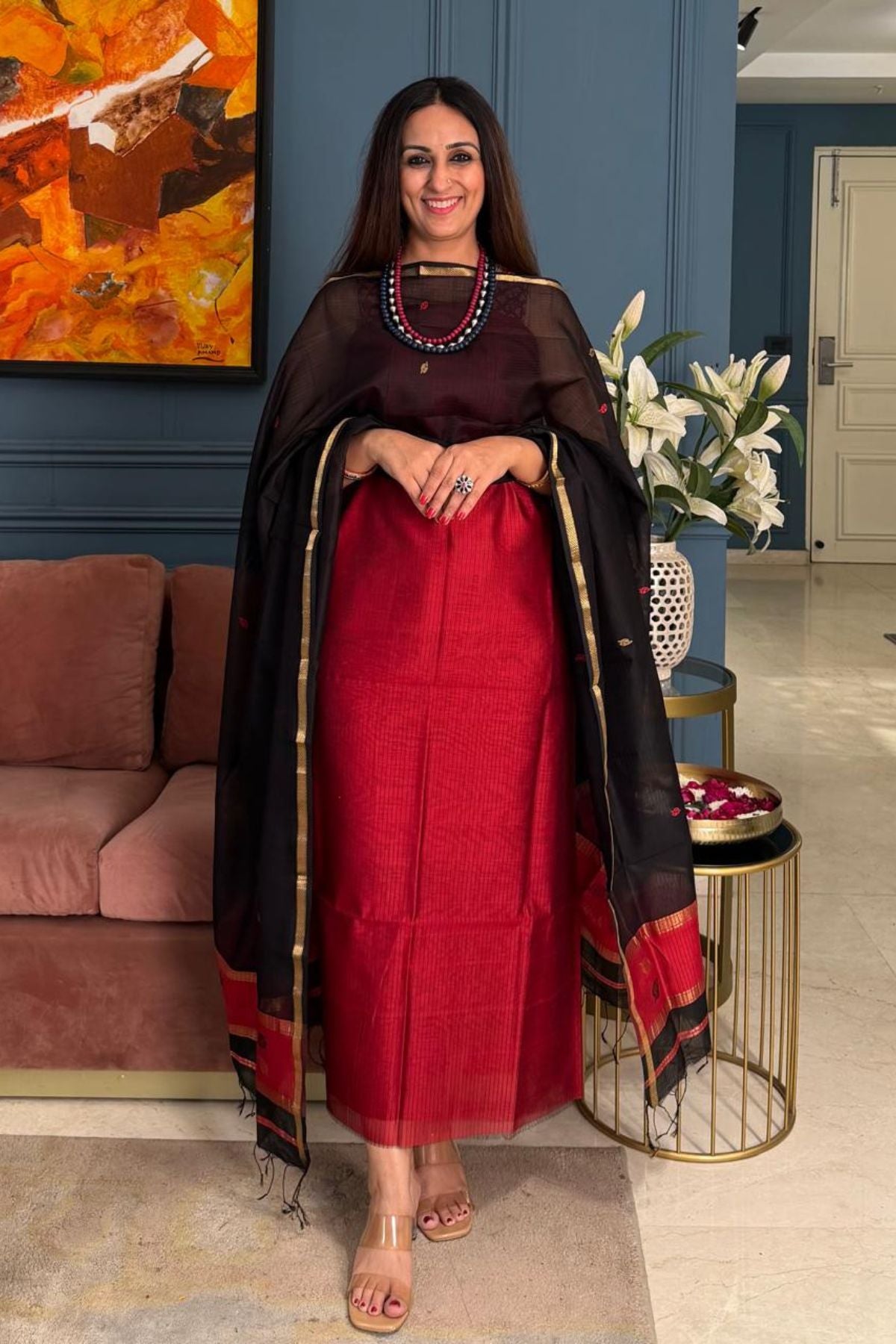 Maheshwari handloom silk by cotton kurta dupatta set