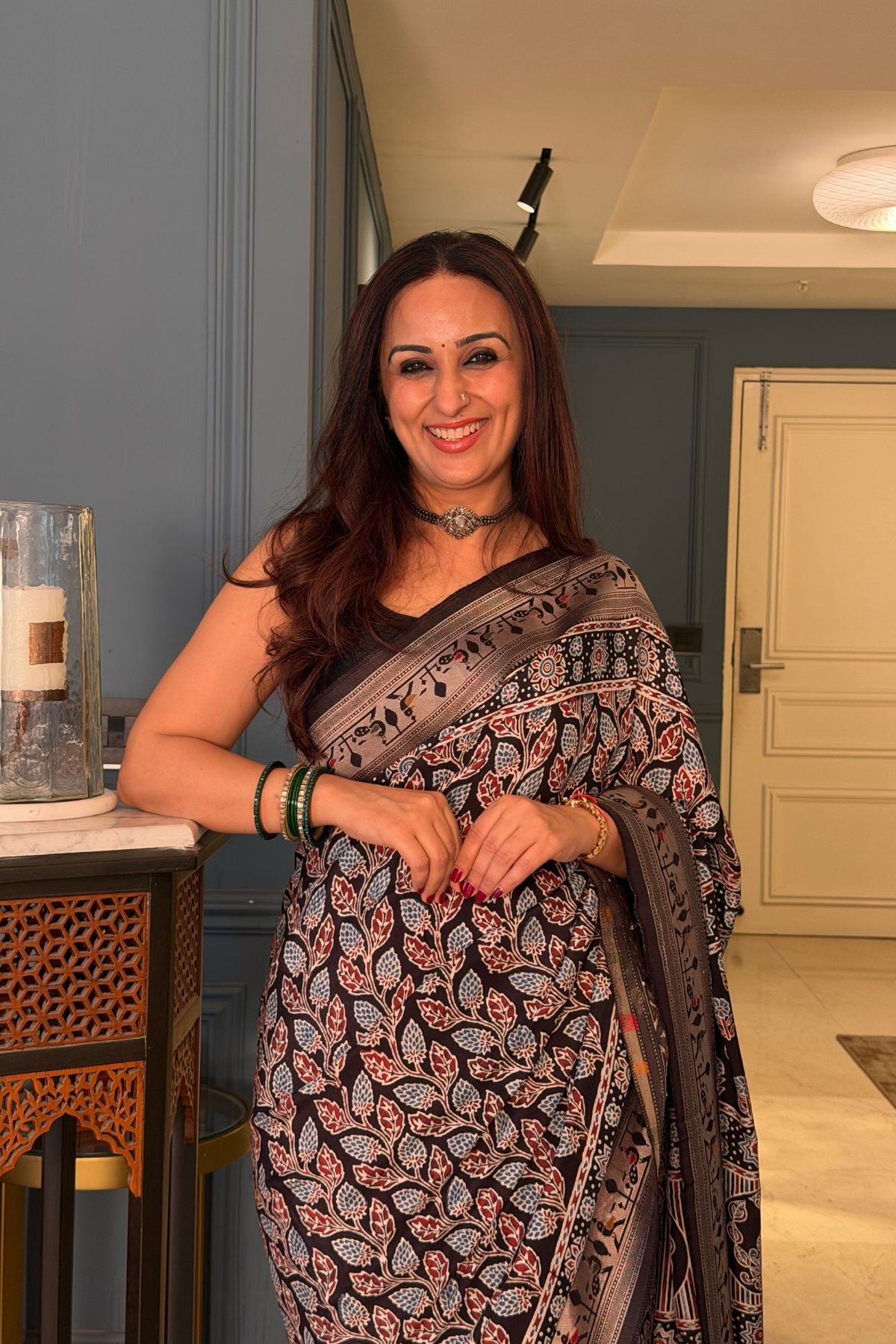 Handblocked Ajrakh with Paithani weave on pure modal saree!!