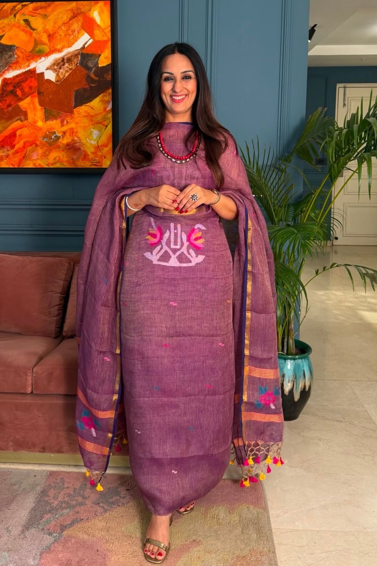 Jamdani weave kurta dupatta set on 100 count linen by linen!!