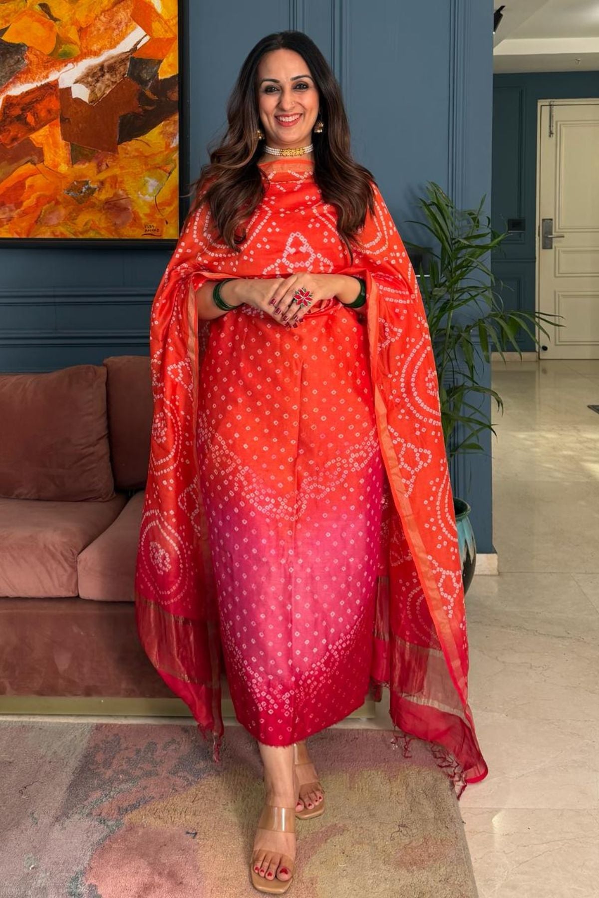 Bandhani kurta dupatta set on shaded Chanderi silk!!