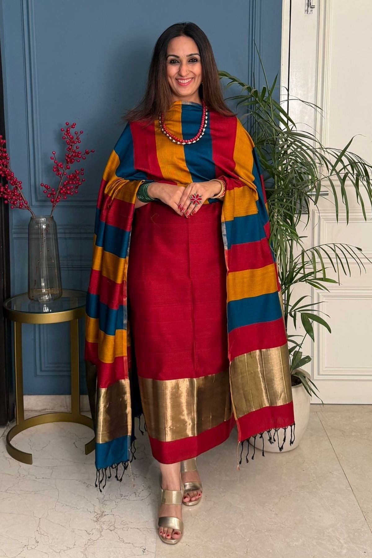 Maheshwari weave kurta dupatta set on cotton silk