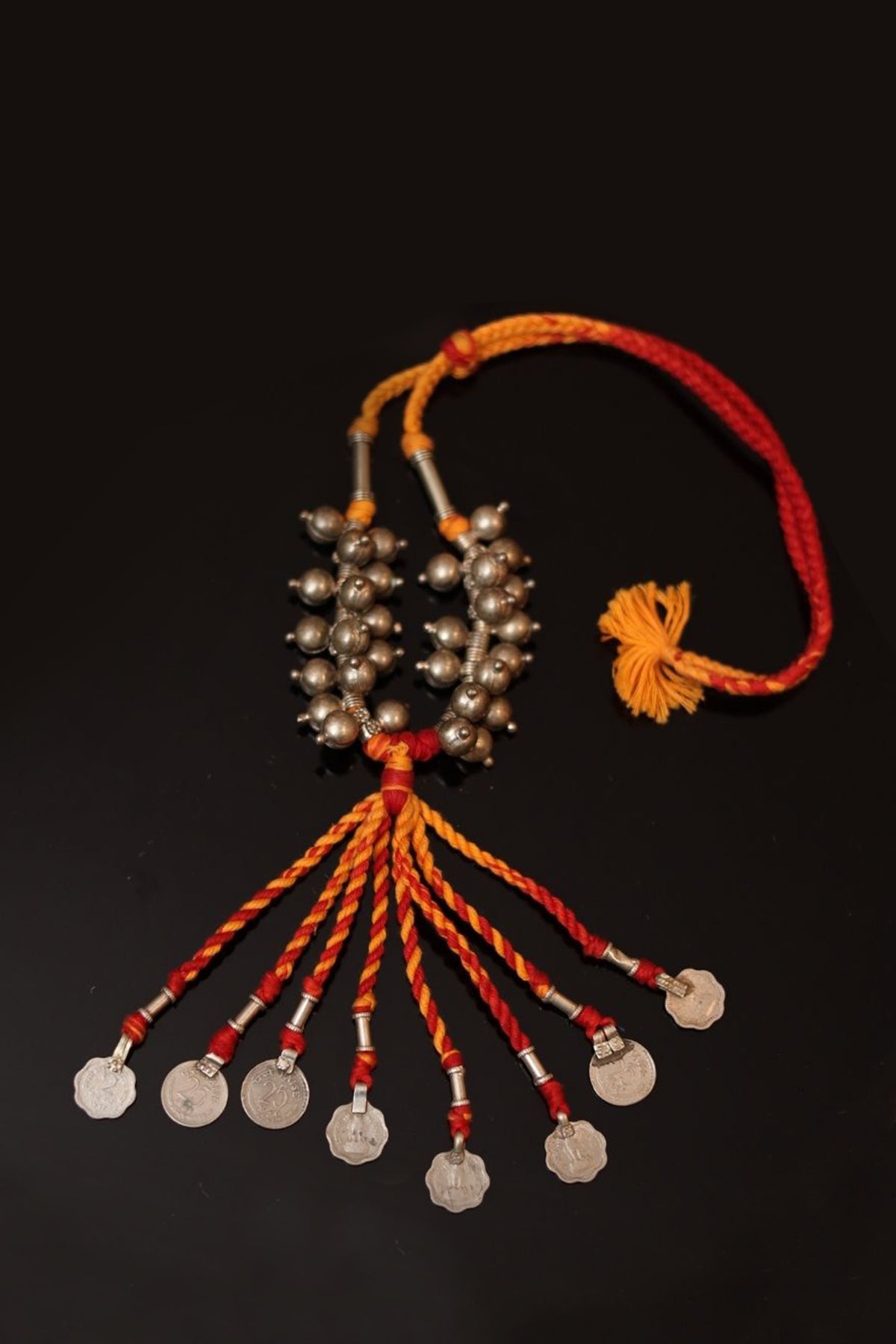 Red Yellow Threadwork with Handcrafted Brass Bead Necklace