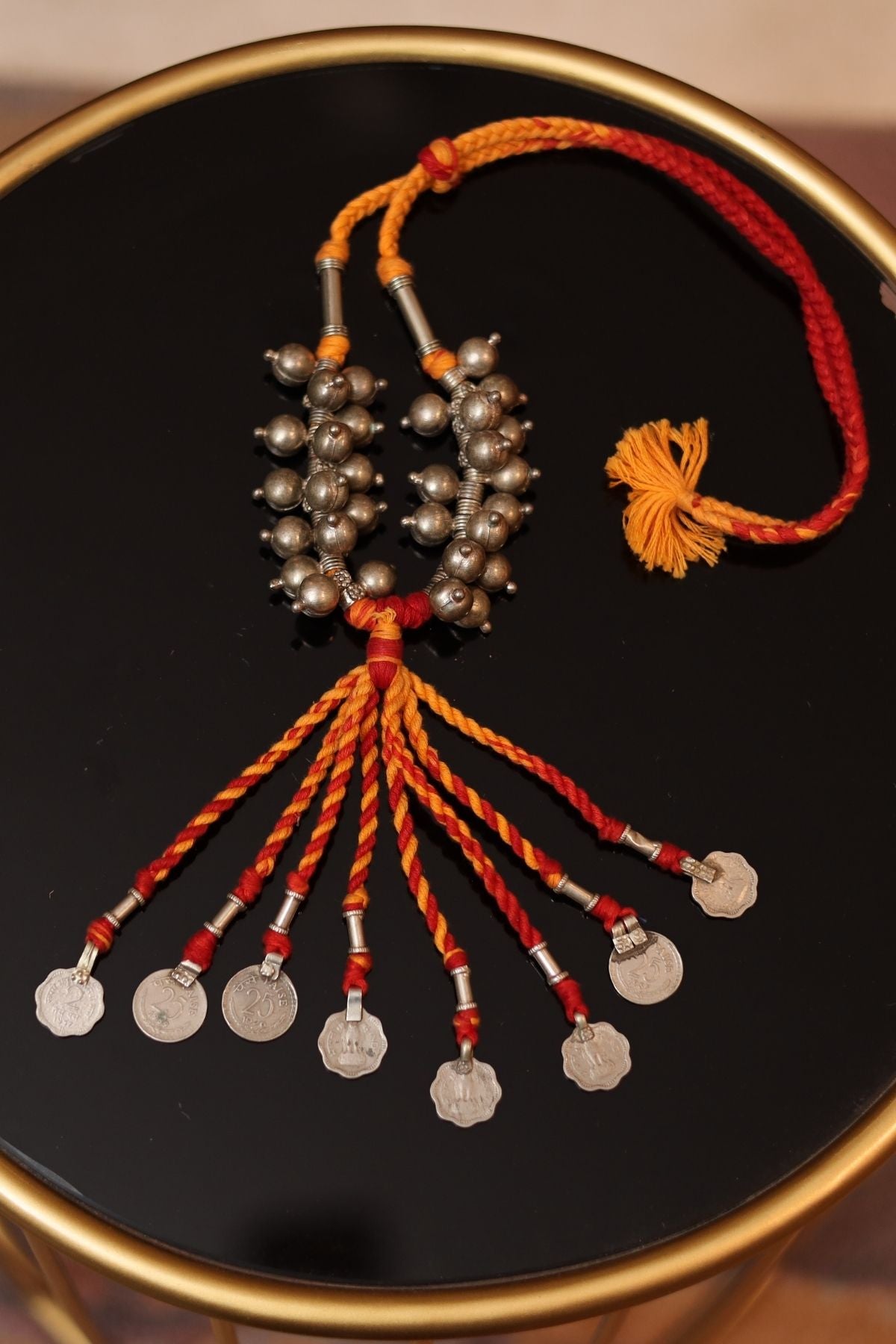 Red Yellow Threadwork with Handcrafted Brass Bead Necklace