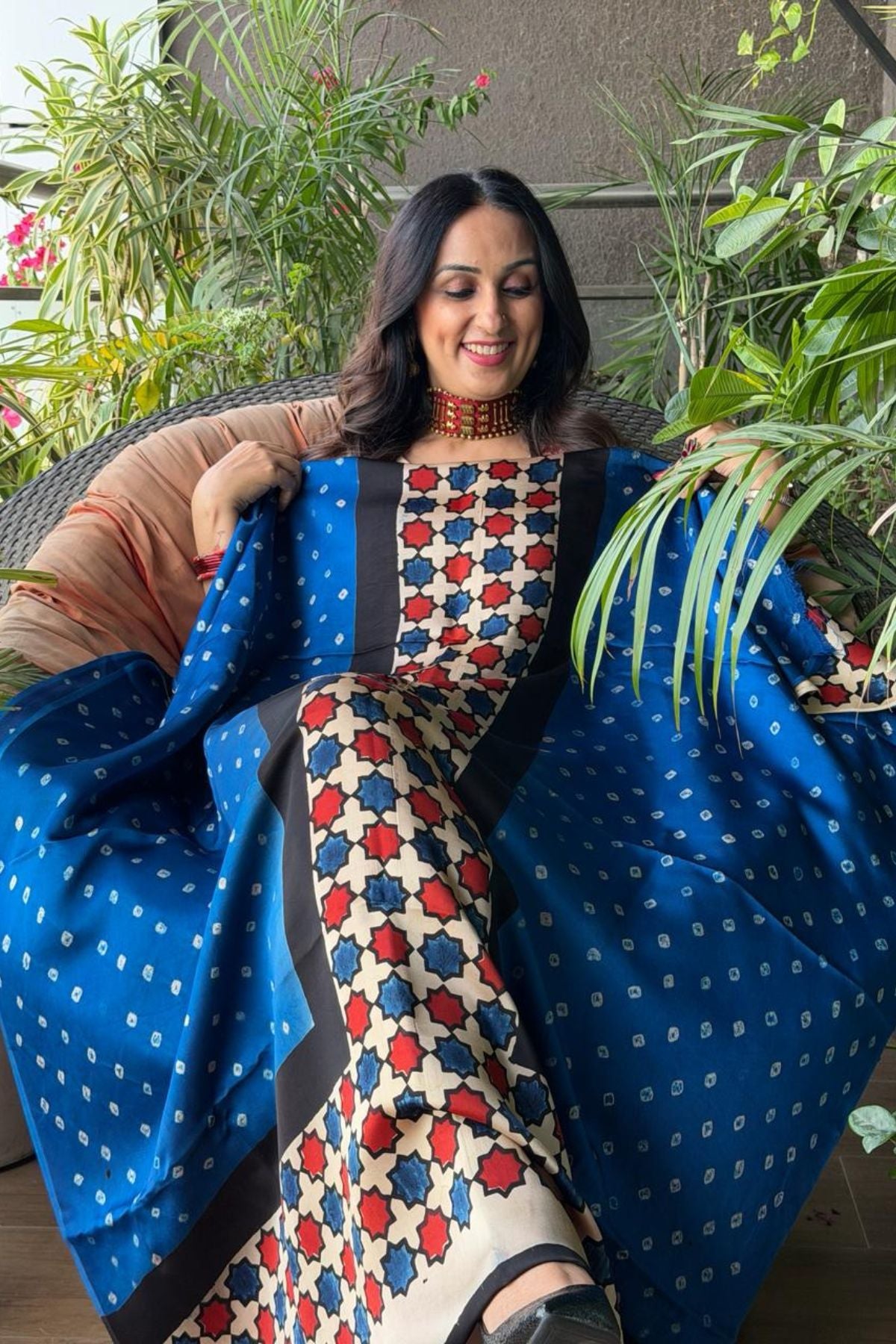 Handblocked Ajrakh Bandhani modal kurta fabric!!!