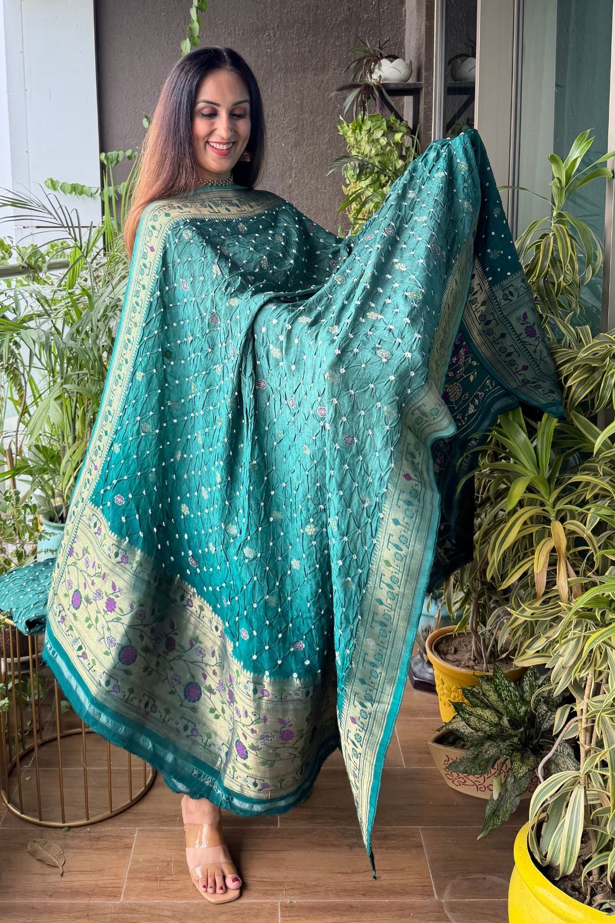 Pure gaji silk full set with hand done bandhani and zari weaving!!