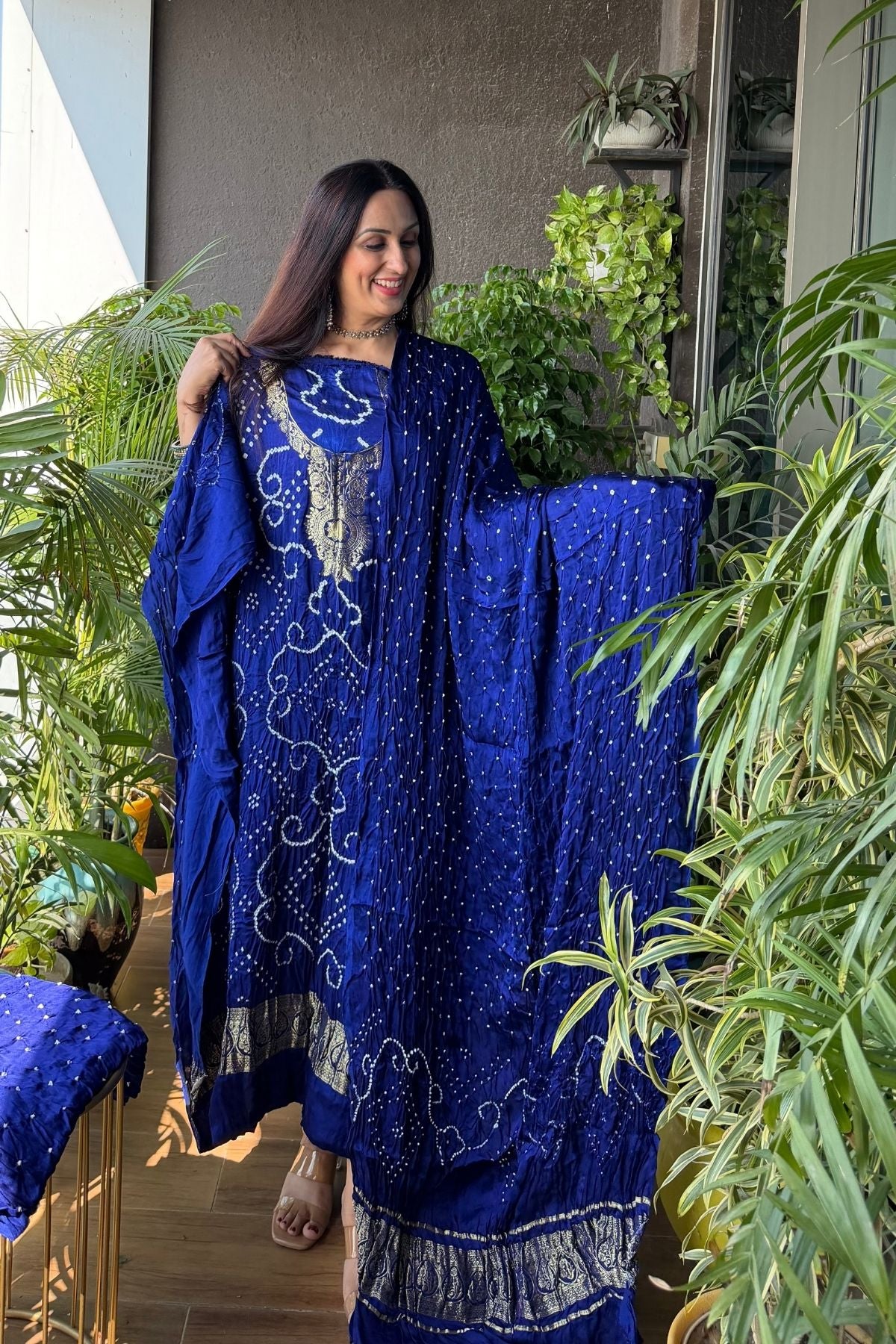 Pure modal silk full set with hand done bandhani and zari weaving!!