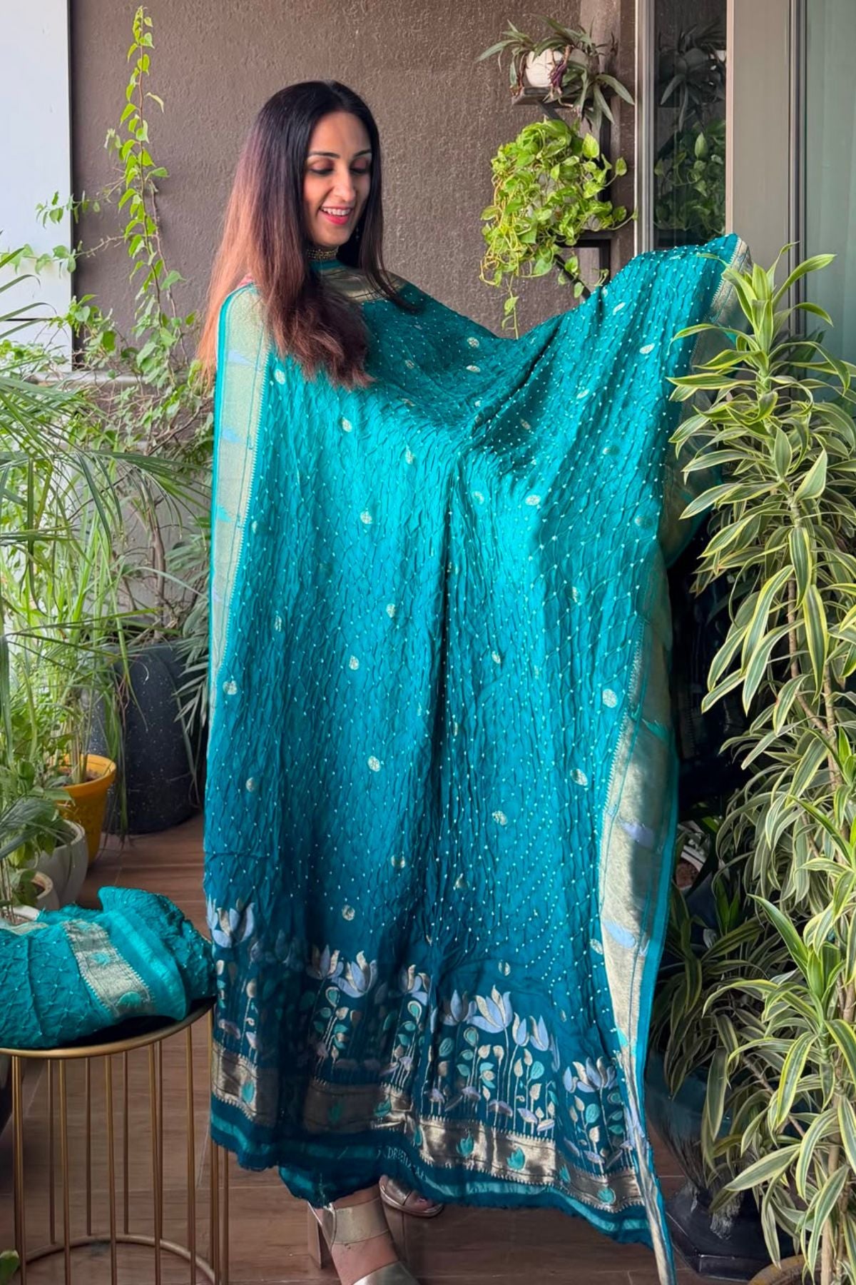 Pure gaji silk full set with hand done bandhani and zari weaving!!