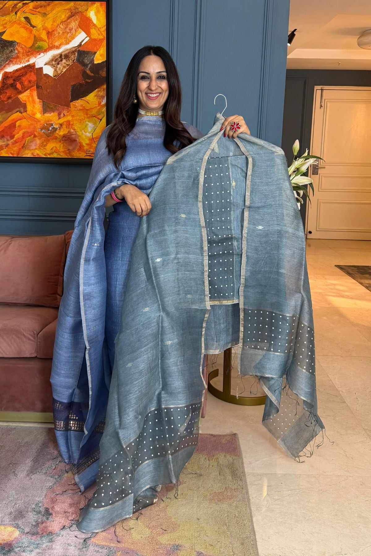 Handwoven with fine sequins Pure Linen kurta dupatta sets!!