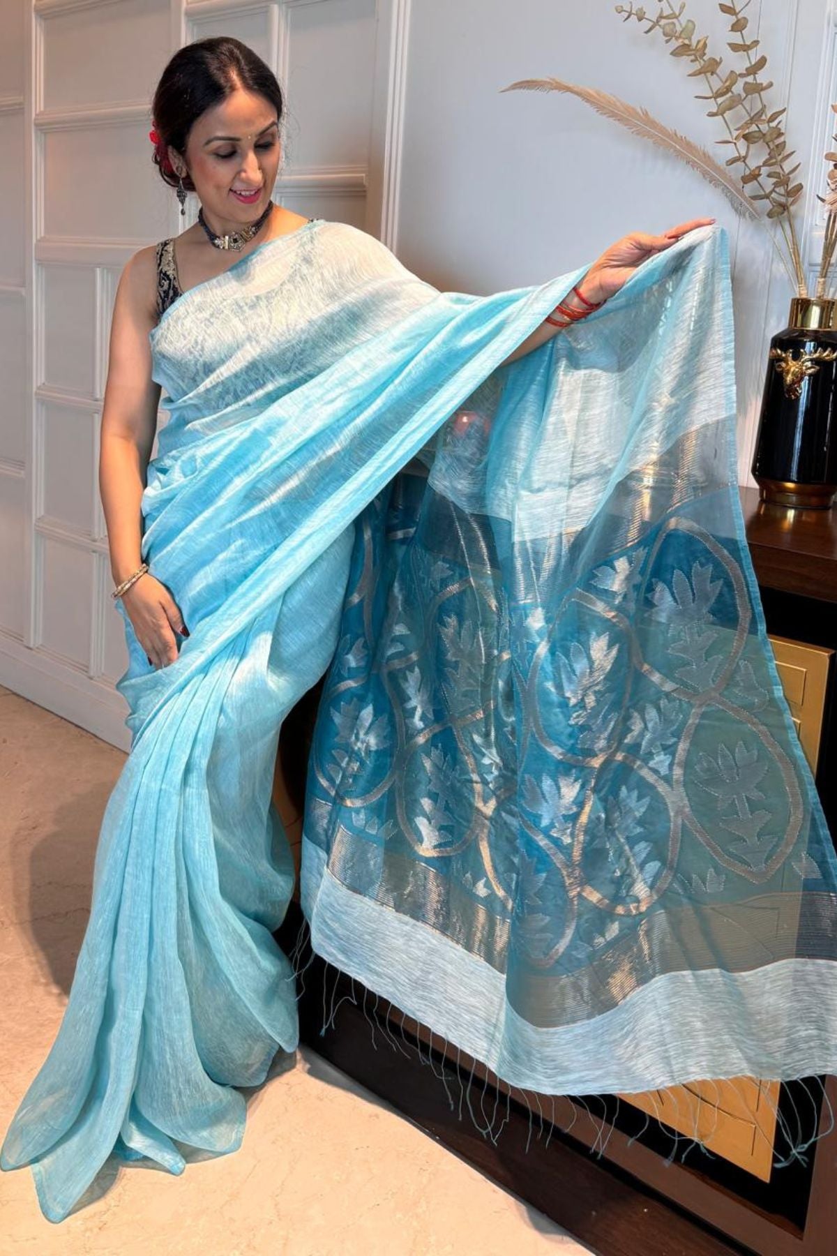 Handwoven pure Silk linen Saree