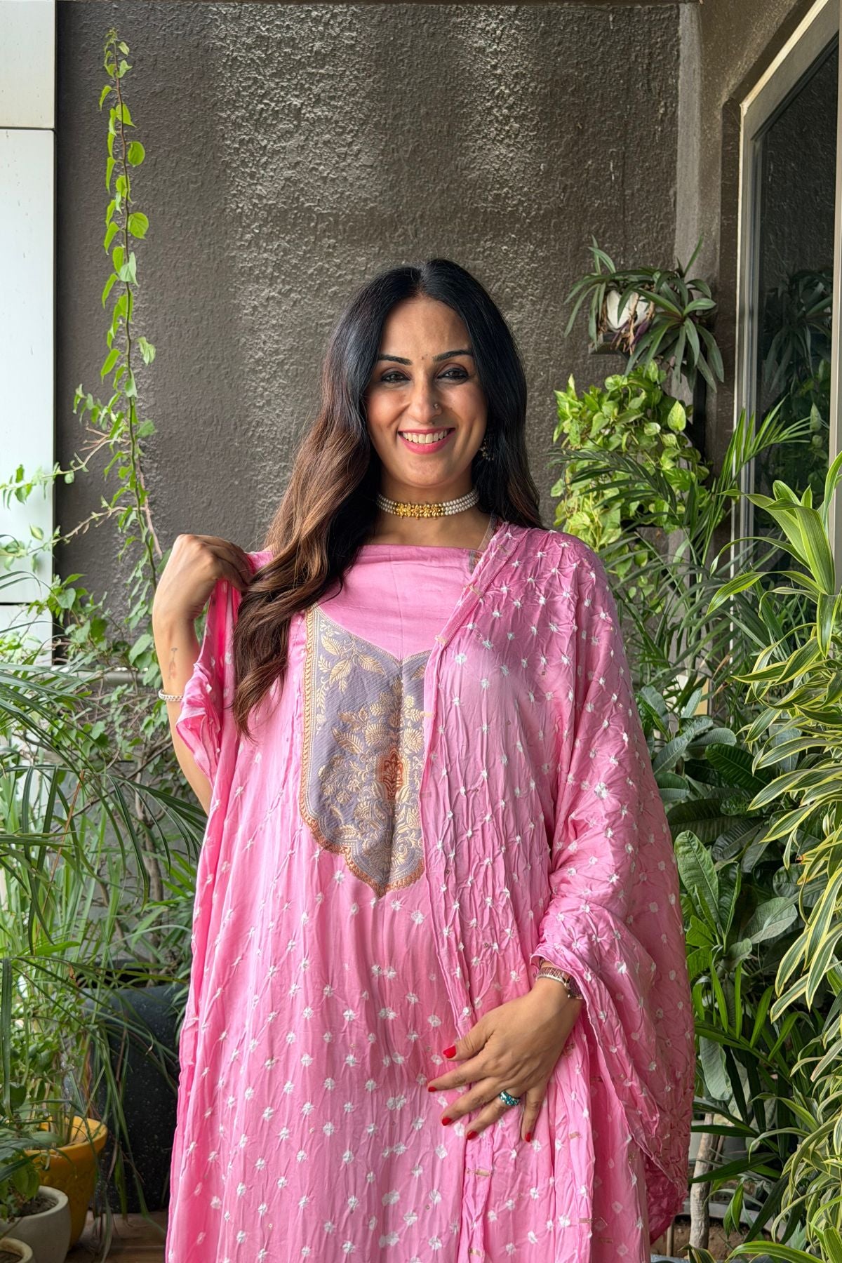 Bandhani with zari work kurta dupatta set on pure modal!!