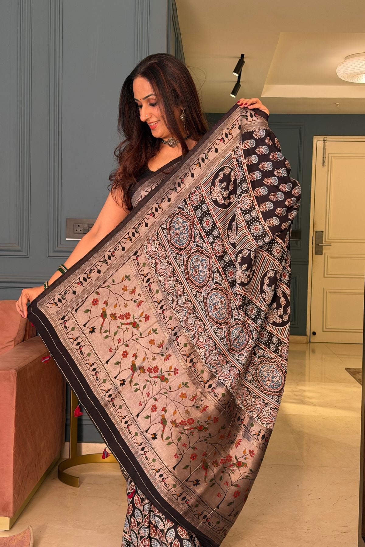 Handblocked Ajrakh with Paithani weave on pure modal saree!!