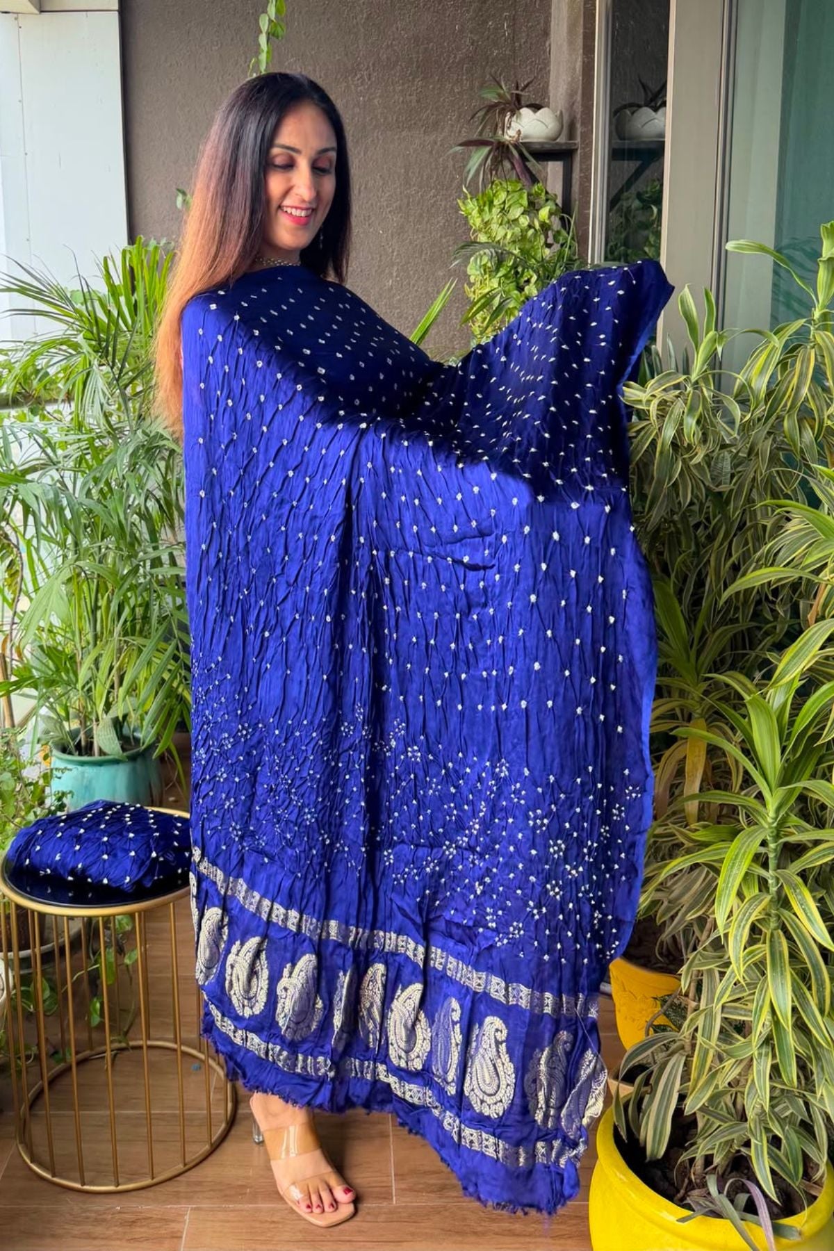 Pure modal silk full set with hand done bandhani and zari weaving!!