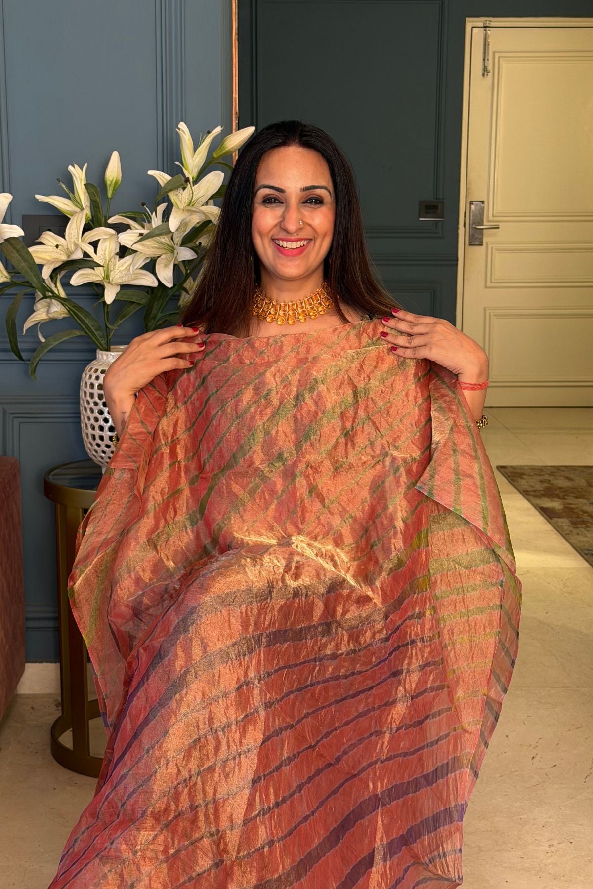 Pure tissue kurta with hand done leheriya!!