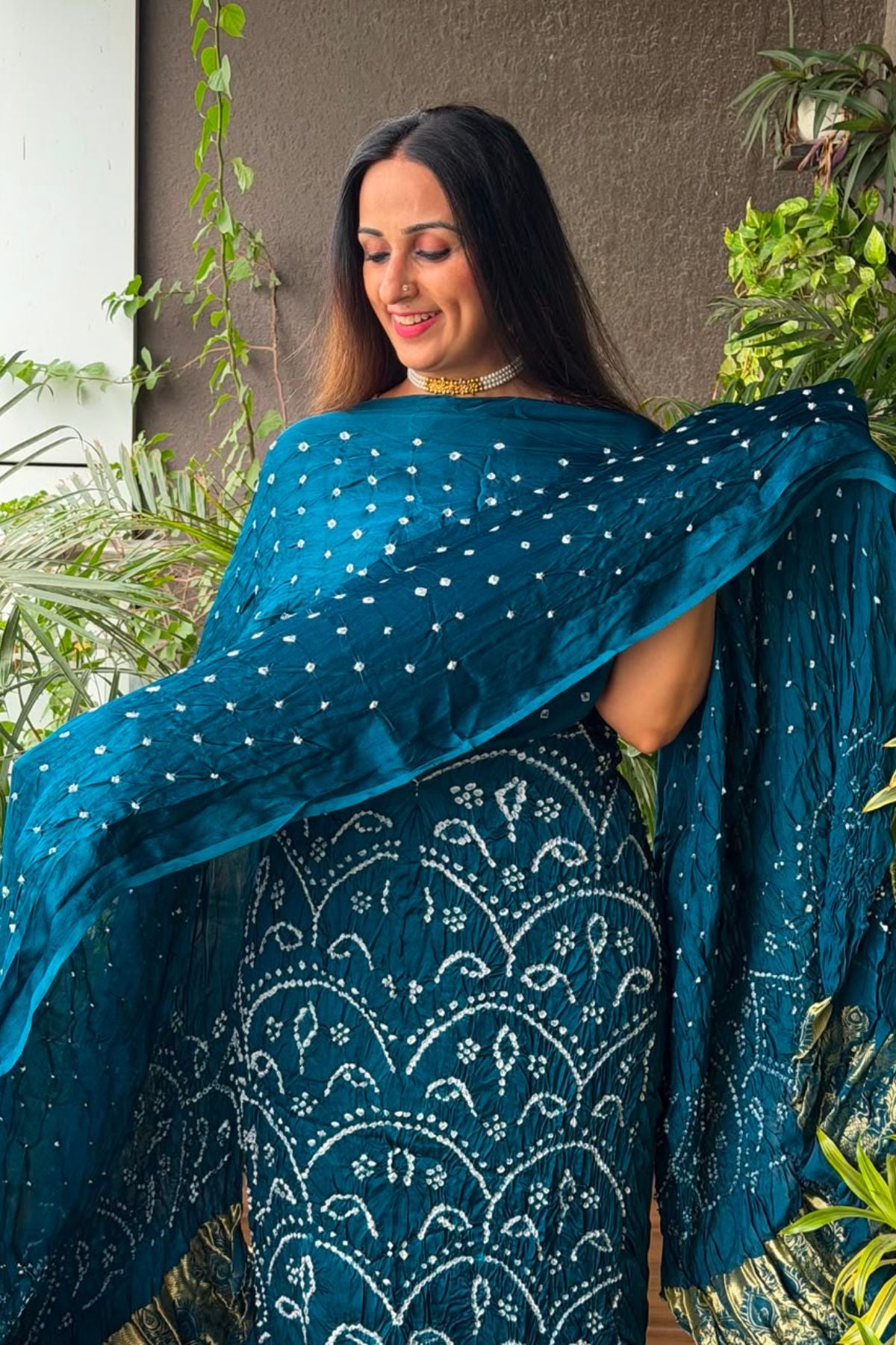 Pure modal silk full set with hand done bandhani and zari weaving!!