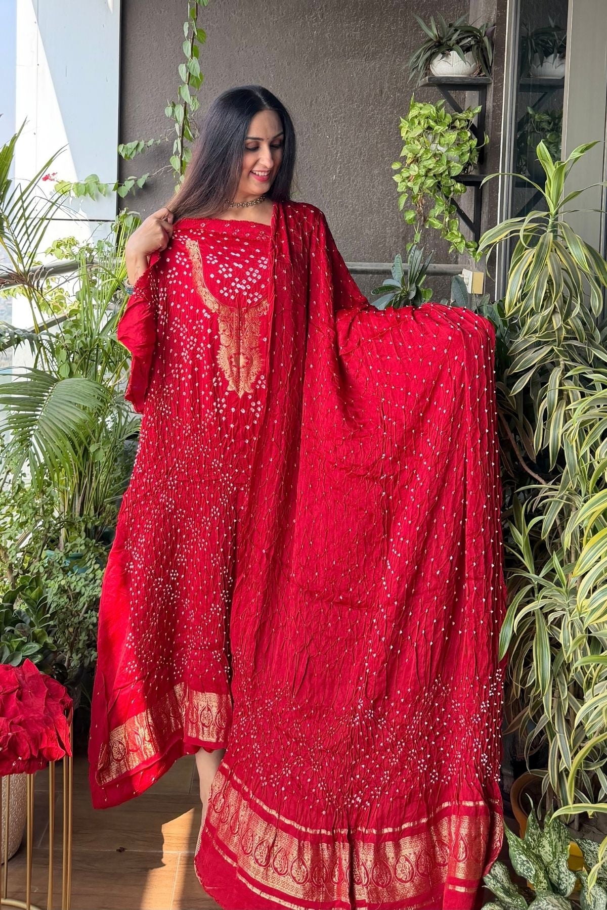 Pure modal silk full set with hand done bandhani and zari weaving!!