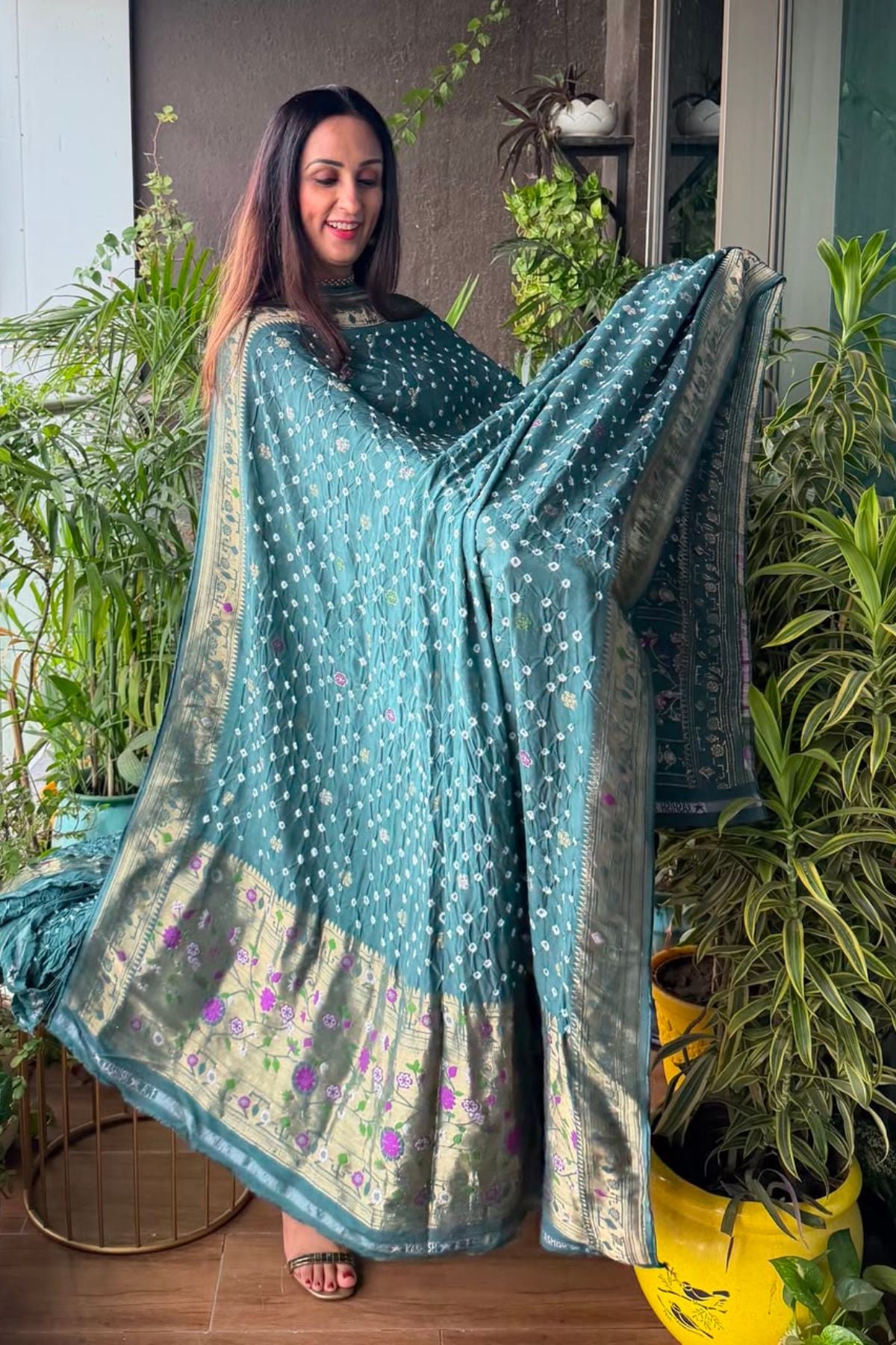 Pure gaji silk full set with hand done bandhani and zari weaving!!