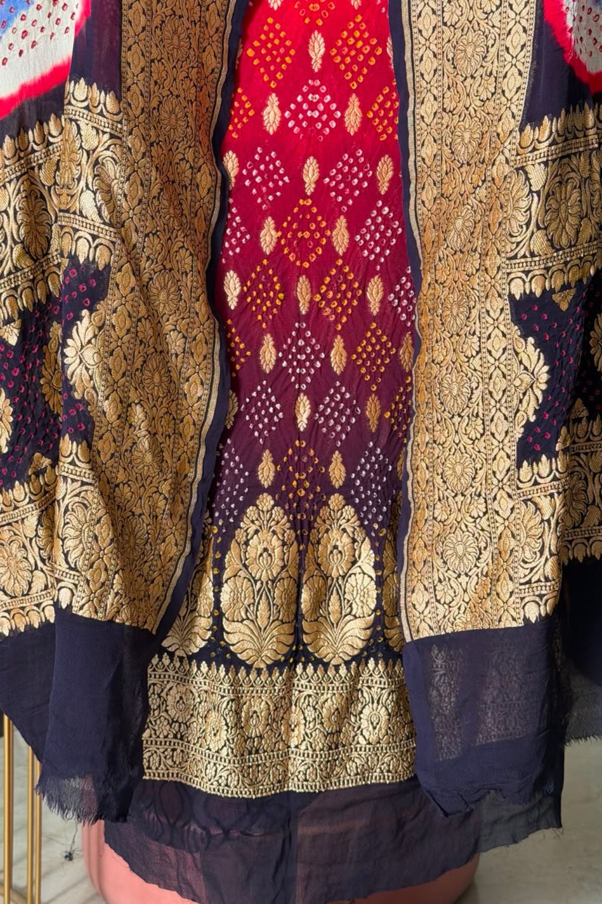 Banarasi khaddi georgette with red Bandhani full set!!!