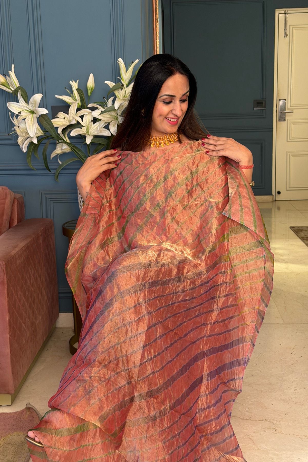 Pure tissue kurta with hand done leheriya!!