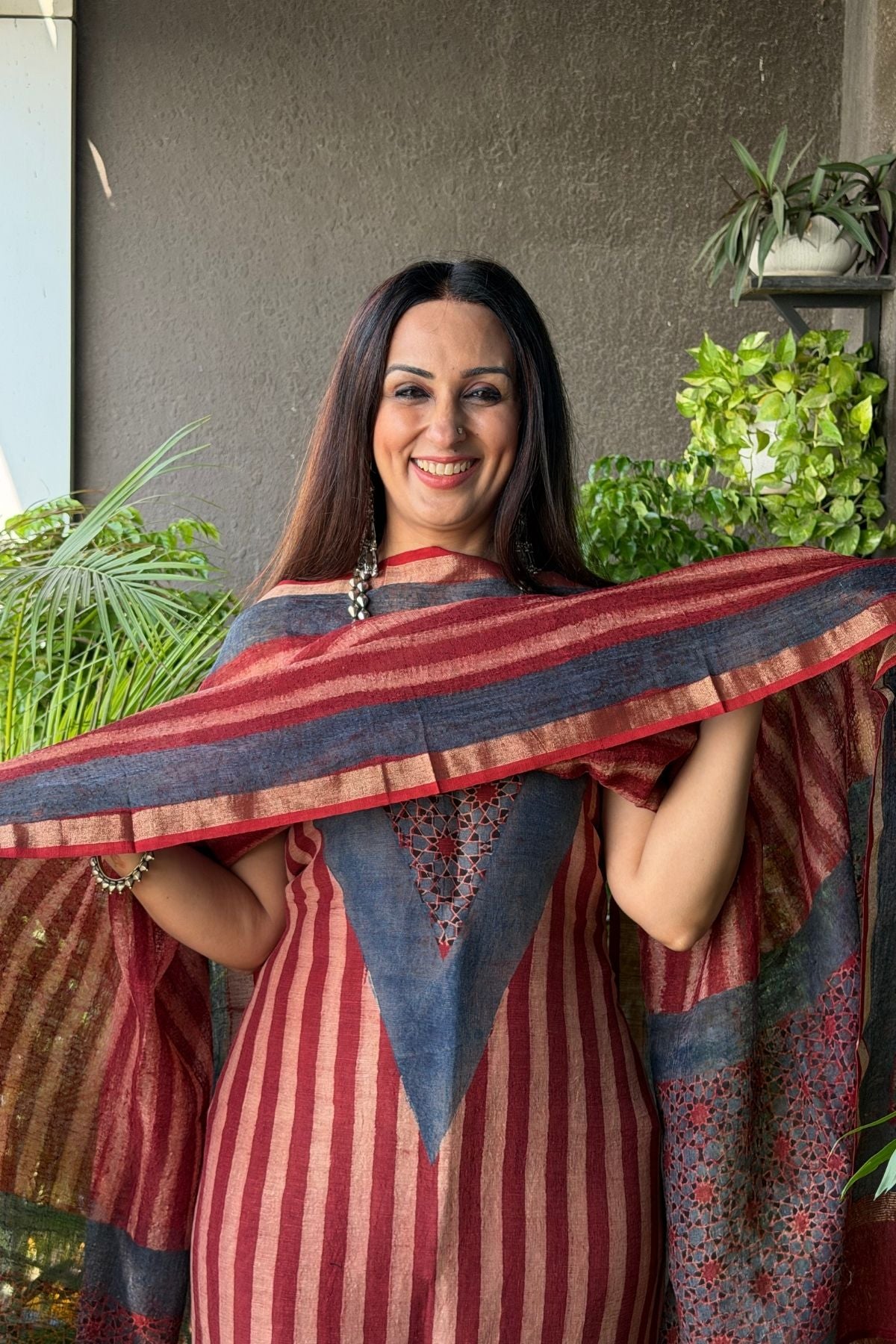 Ajrakh On Pure Linen Silk