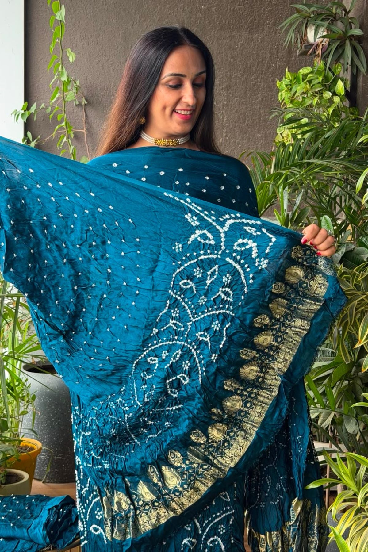 Pure modal silk full set with hand done bandhani and zari weaving!!