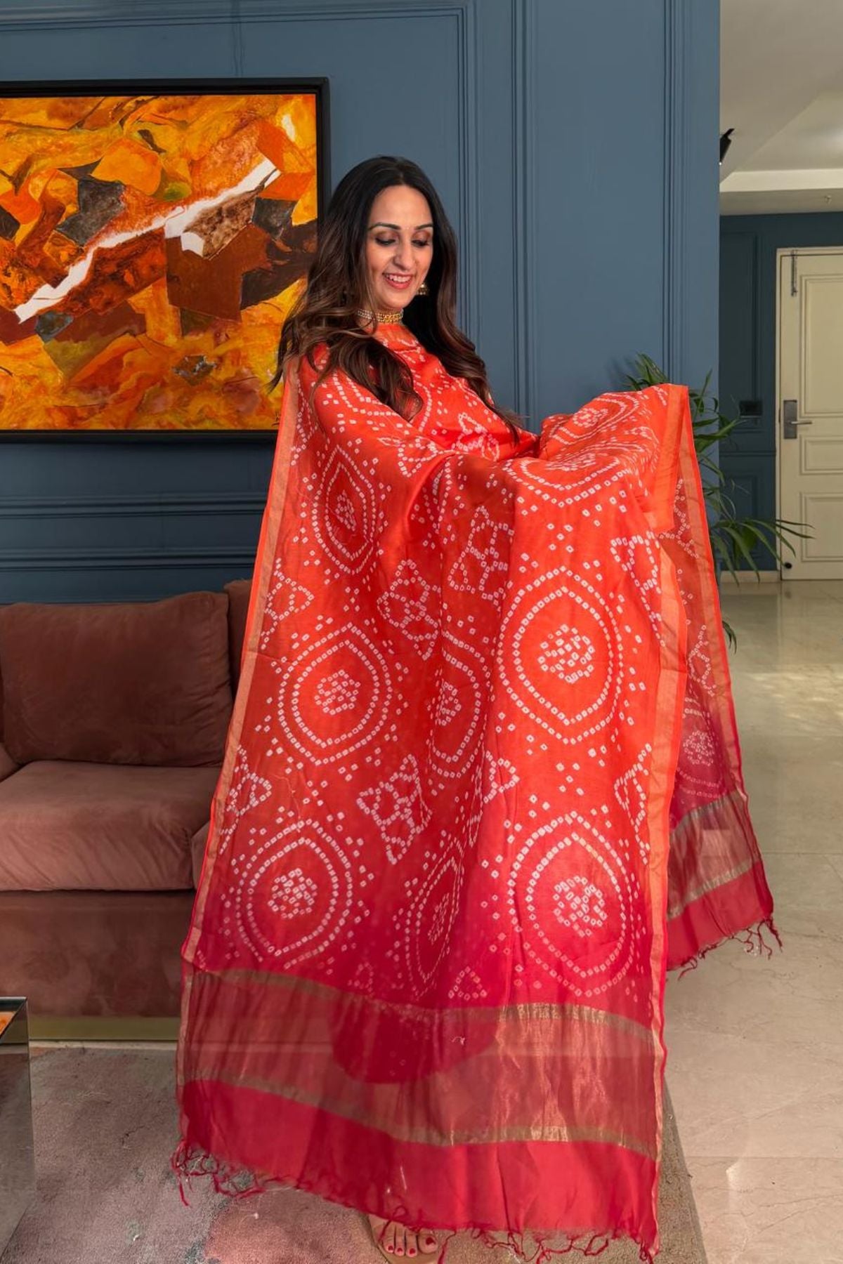 Bandhani kurta dupatta set on shaded Chanderi silk!!