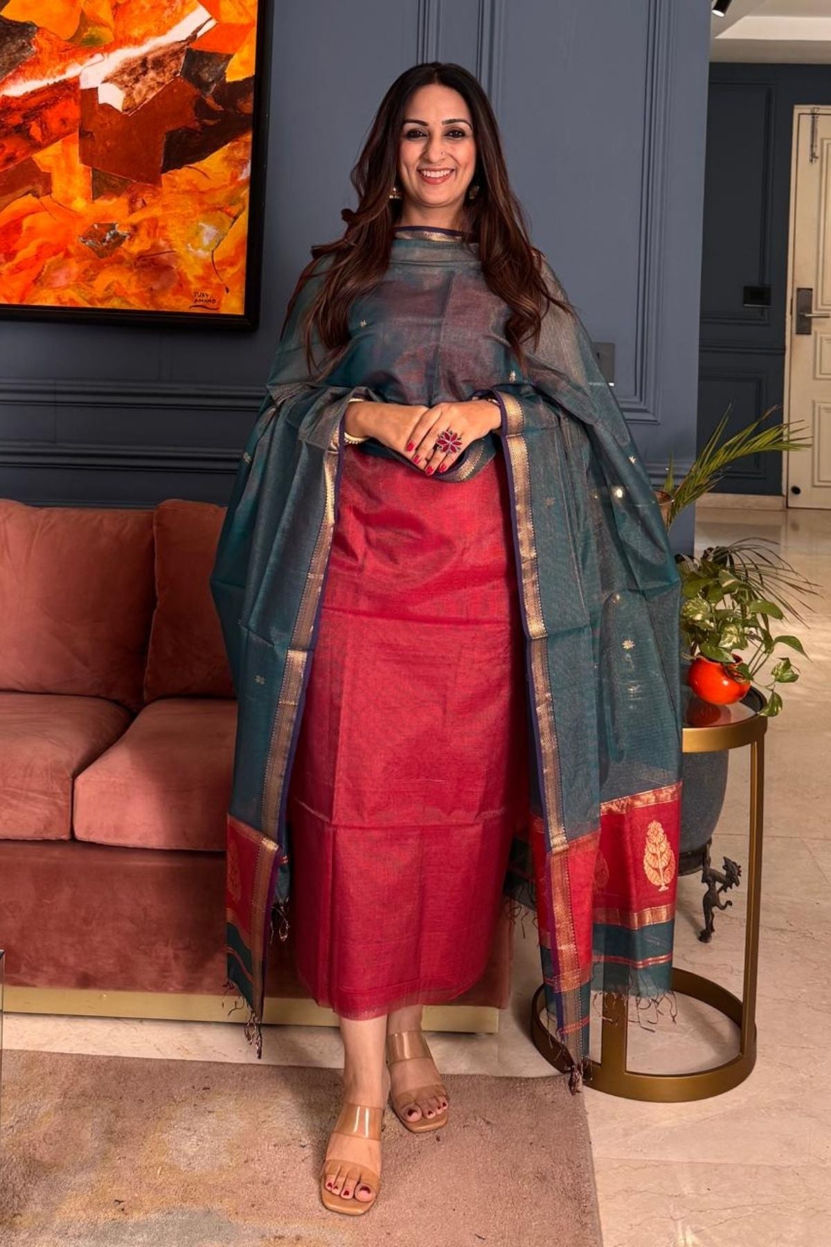 Handloom tissue Maheshwari silk kurta dupatta set