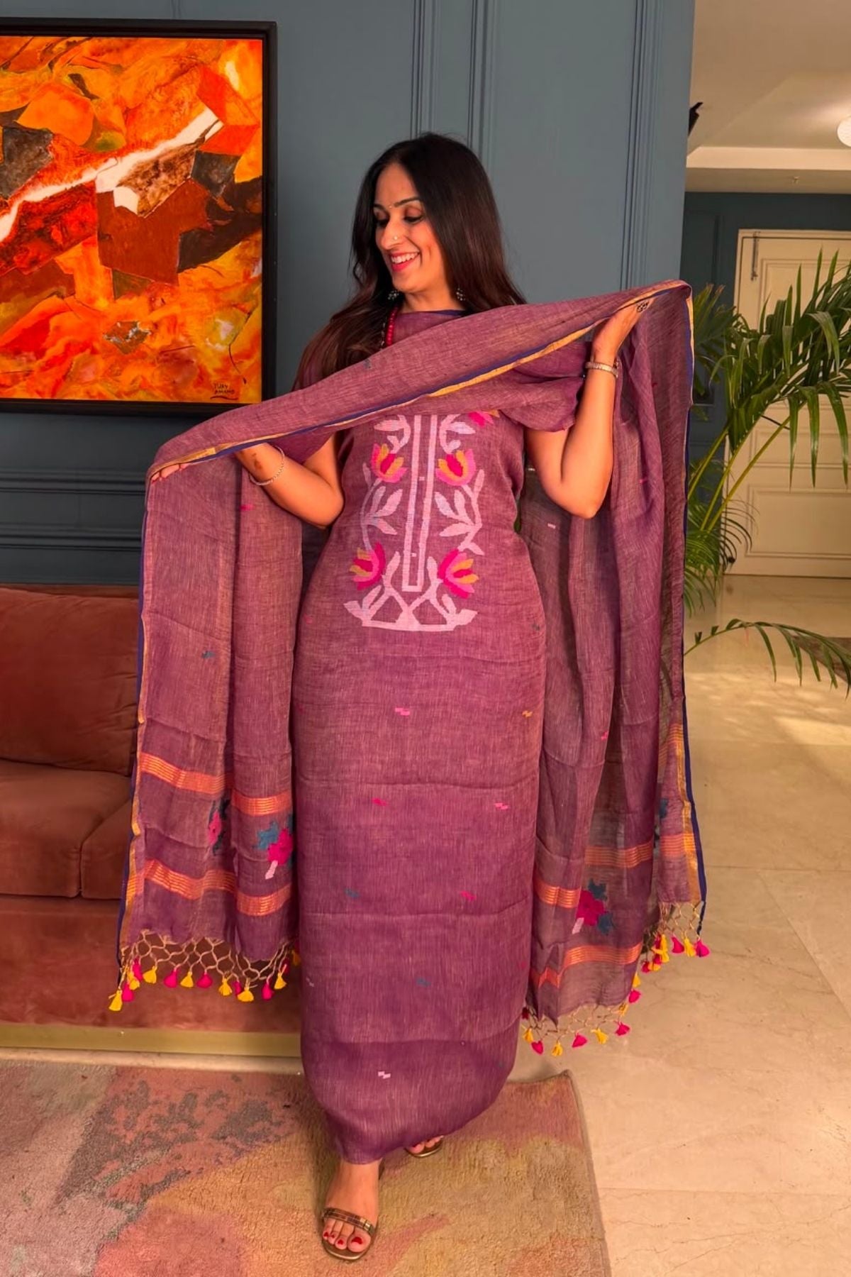 Jamdani weave kurta dupatta set on 100 count linen by linen!!