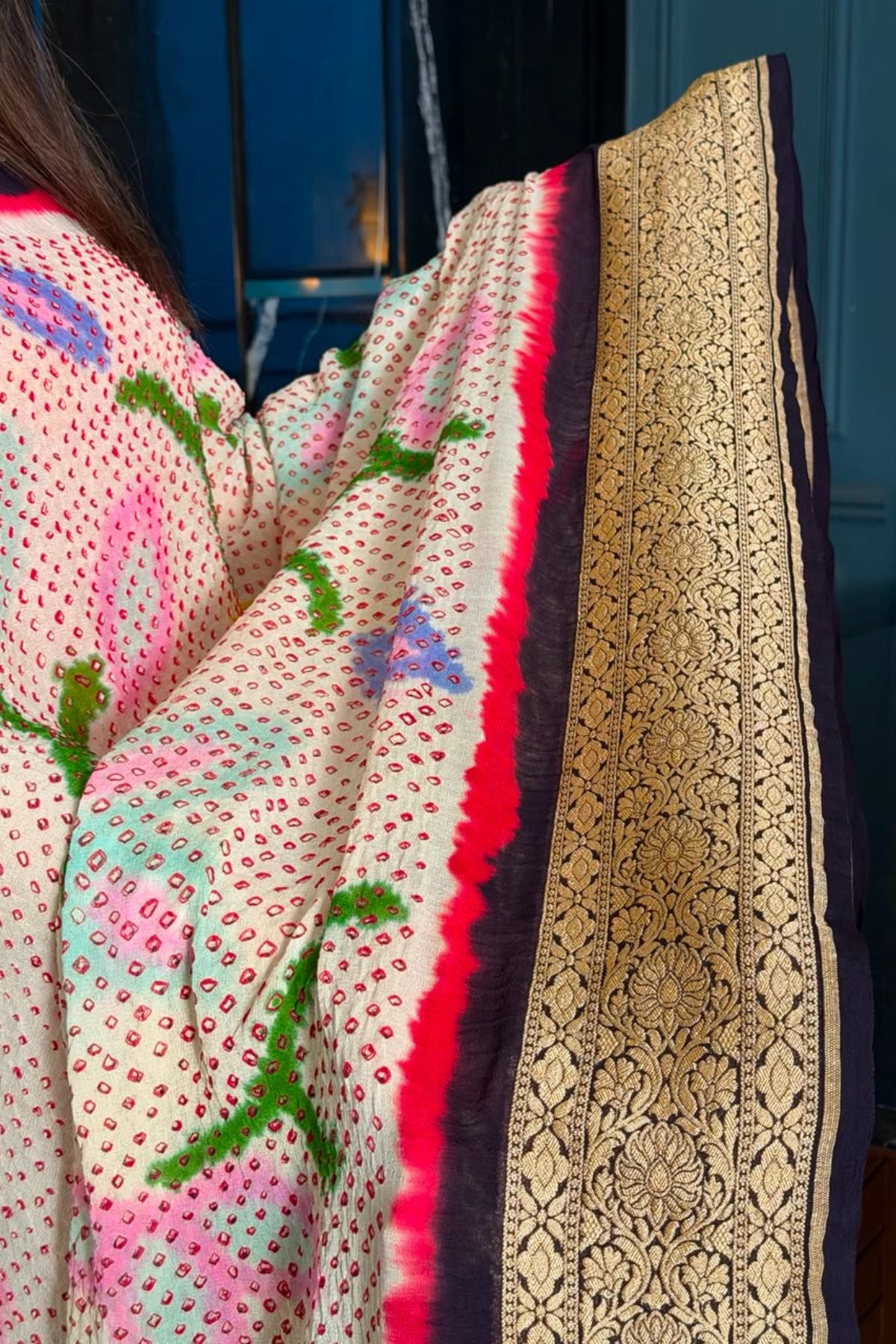 Banarasi khaddi georgette with red Bandhani full set!!!