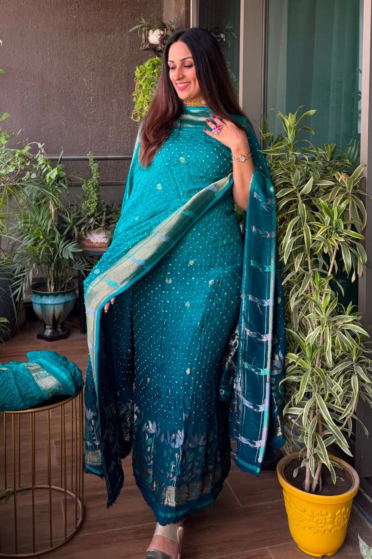 Pure gaji silk full set with hand done bandhani and zari weaving!!