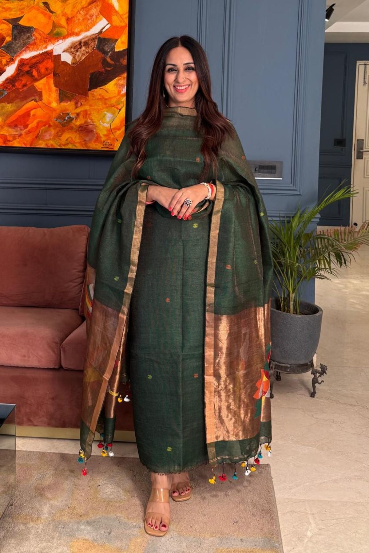 Paithani inspired Jamdani work on tissue linen