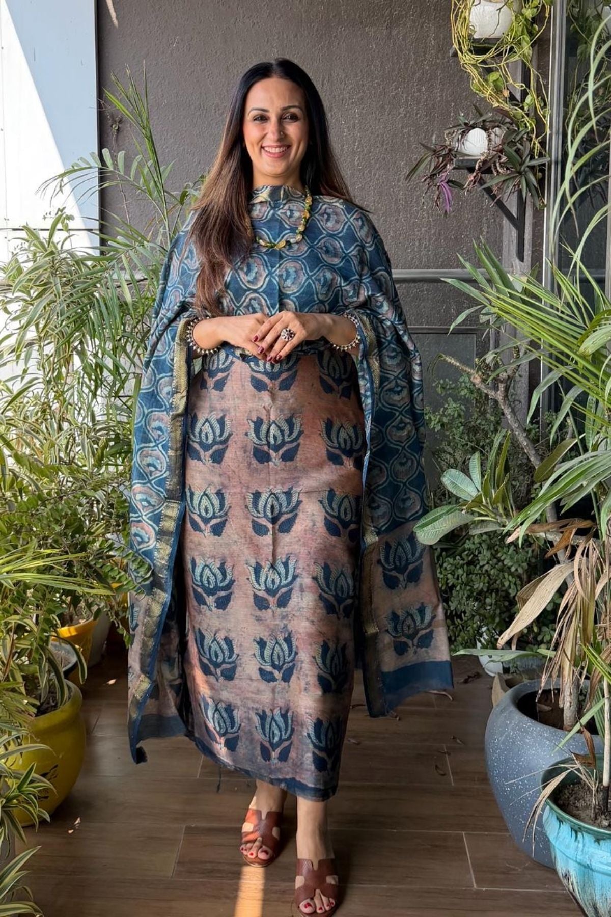 Handblocked with Pomegranate peel kurta dupatta sets in Maheshwari!!