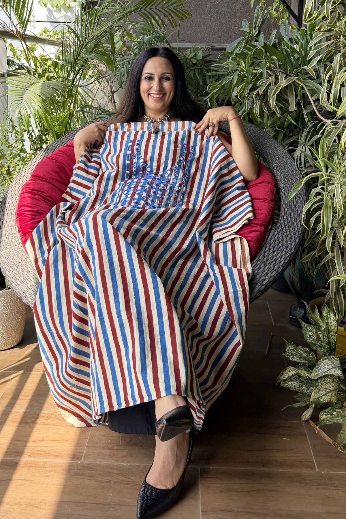 Handblocked pure cotton kurta with Kutch mirror work embroidery!!
