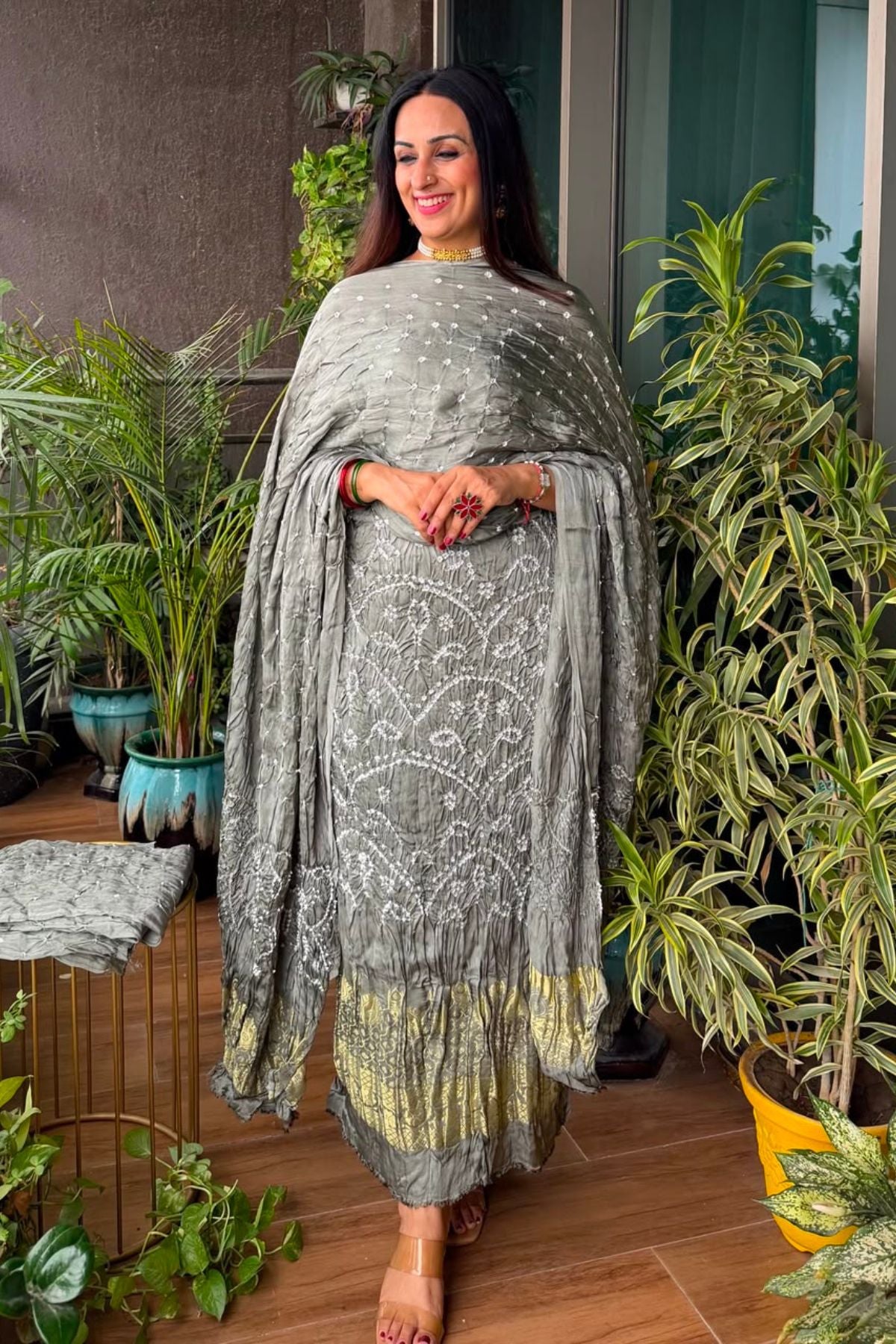 Pure modal silk full set with hand done bandhani and zari weaving!!
