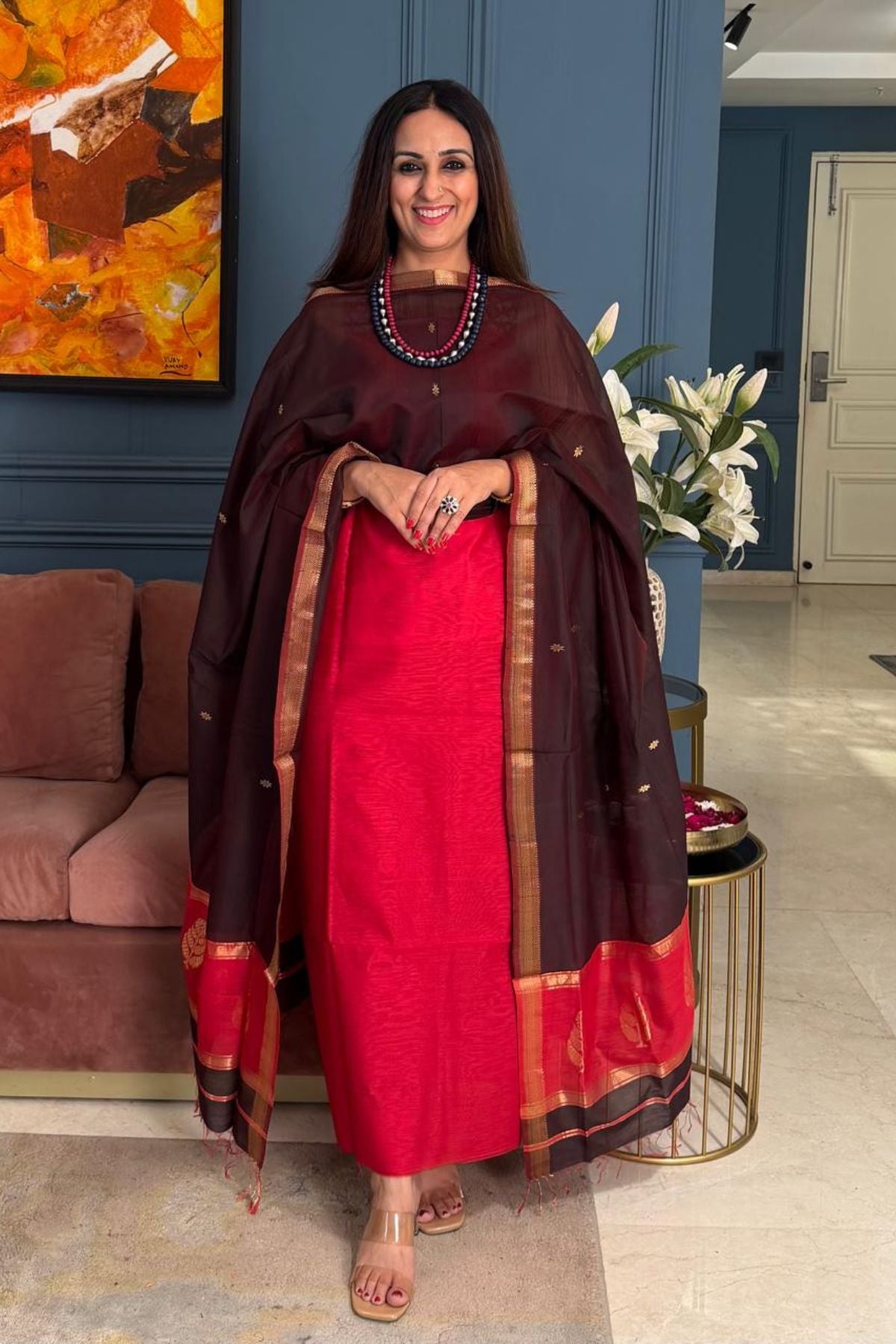 Maheshwari handloom silk by cotton kurta dupatta set