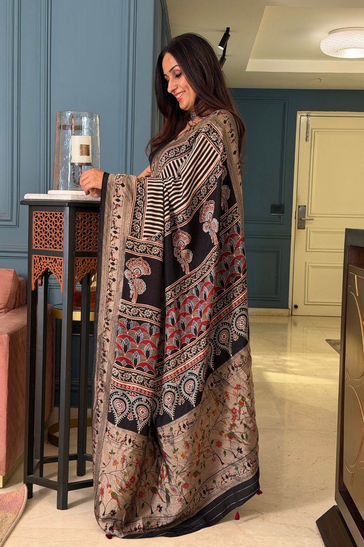 Handblocked Ajrakh with Paithani weave on pure modal saree!!
