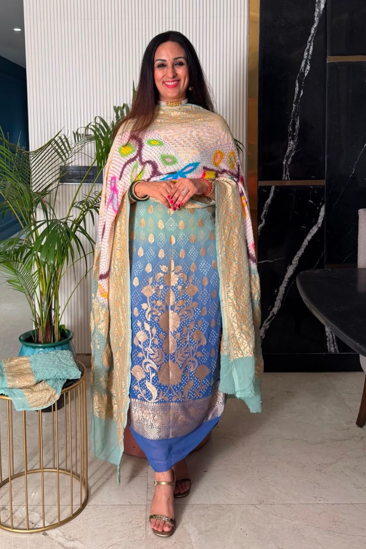 Banarasi khaddi georgette with red Bandhani full set!!!