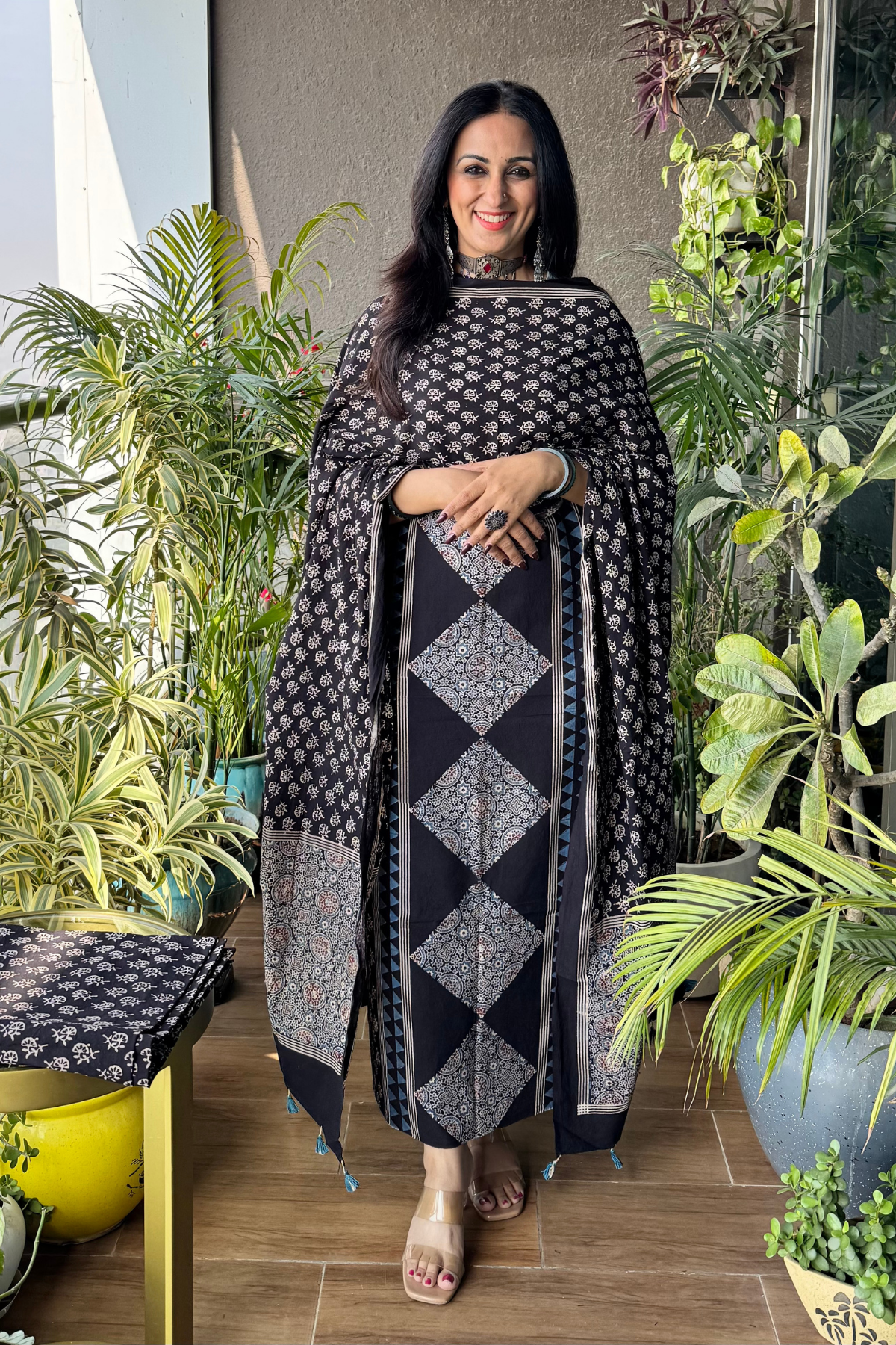 Black suit with panel in front and jaal on dupatta