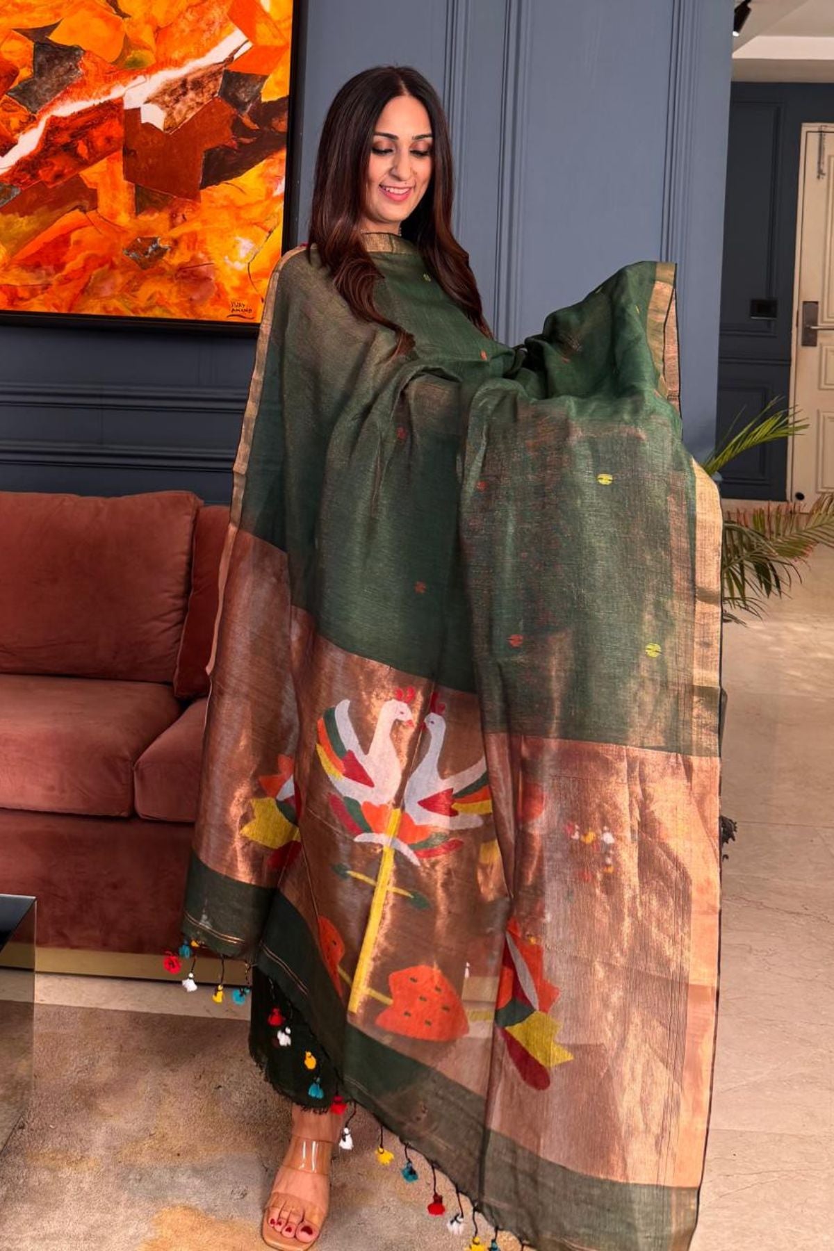 Paithani inspired Jamdani work on tissue linen