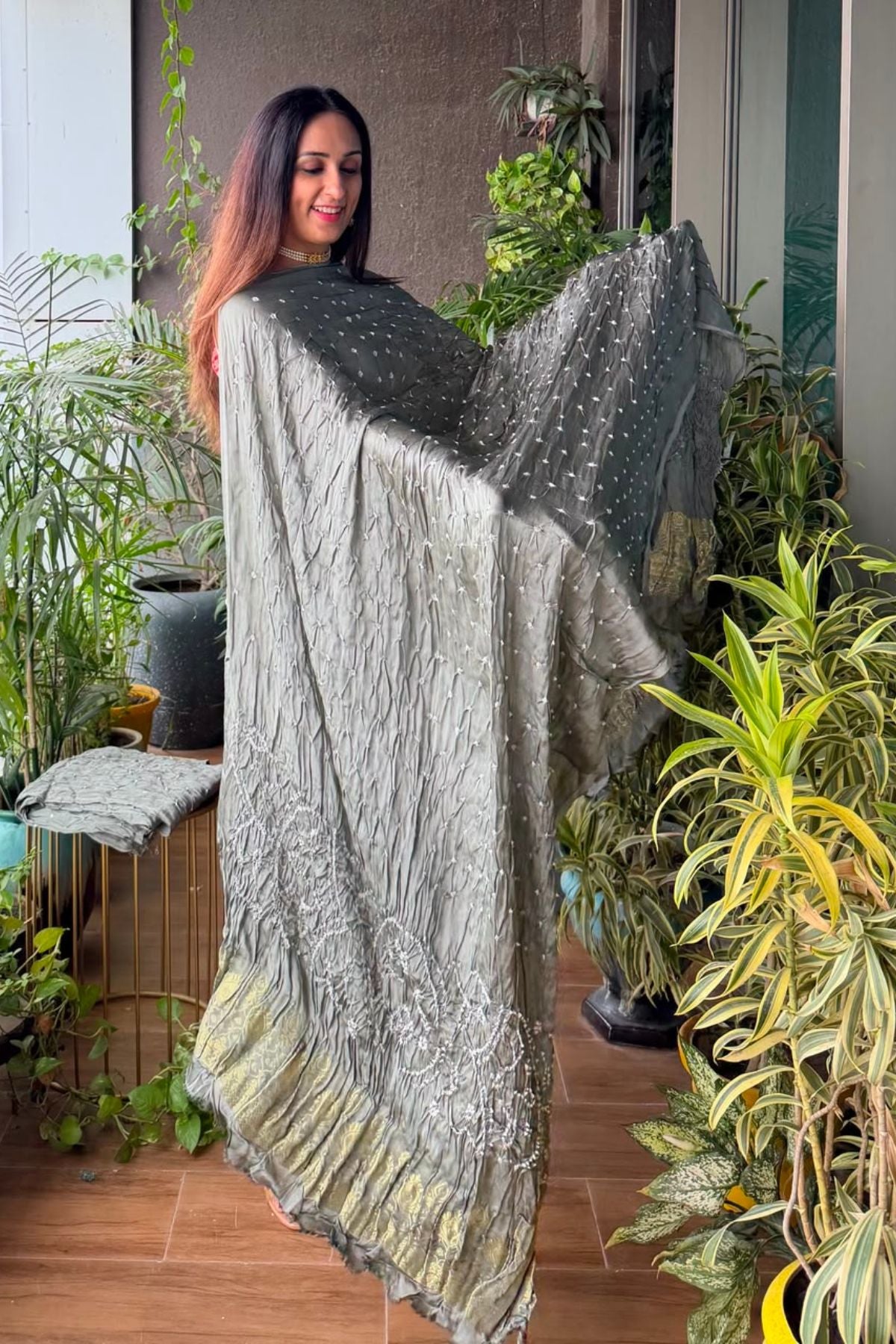 Pure modal silk full set with hand done bandhani and zari weaving!!