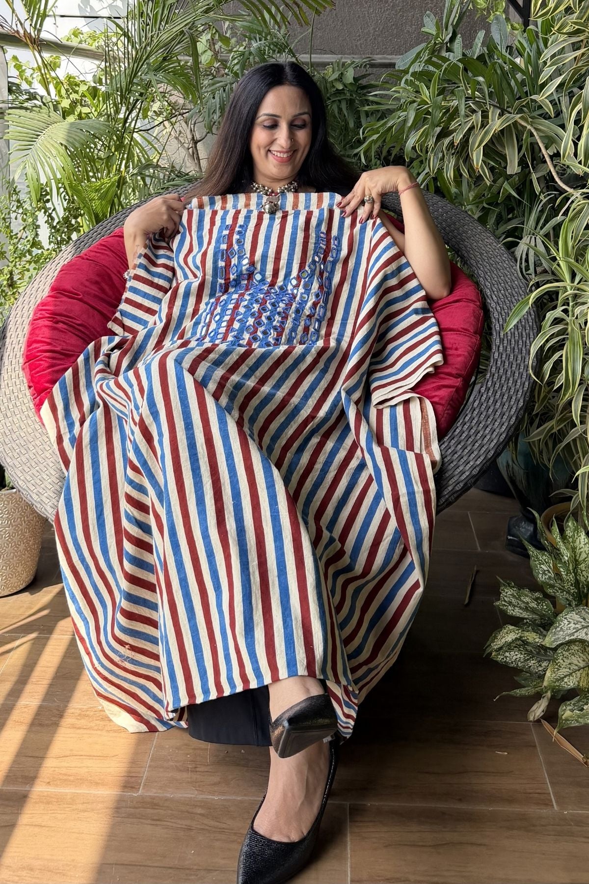 Handblocked pure cotton kurta with Kutch mirror work embroidery!!