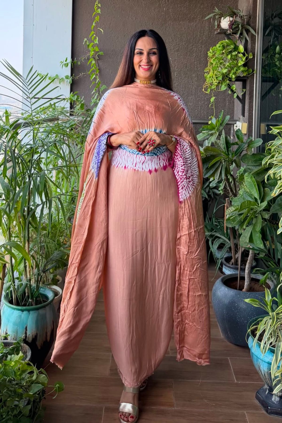 Hand Shibori on pure modal Satin-Kurta and dupatta set!!