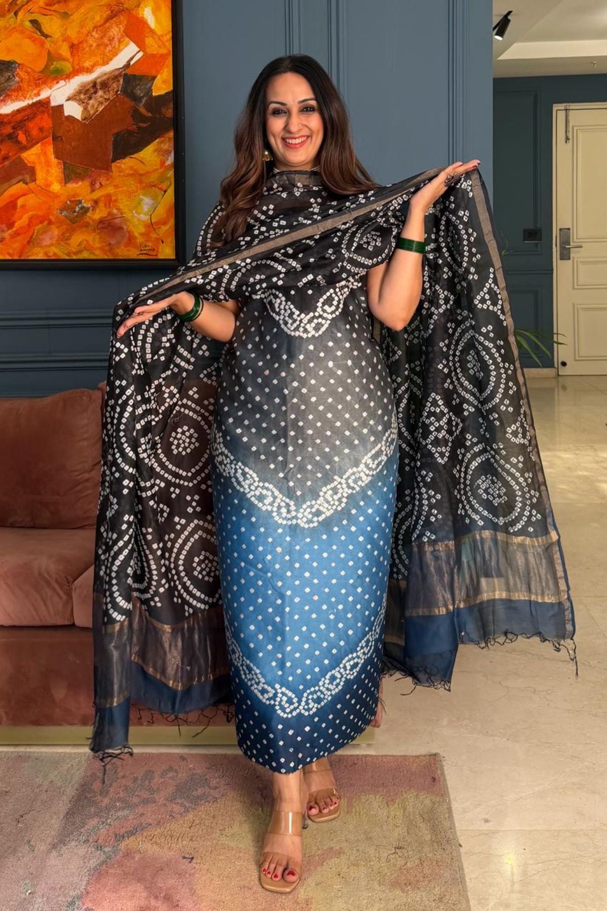 Bandhani kurta dupatta set on shaded Chanderi silk!!