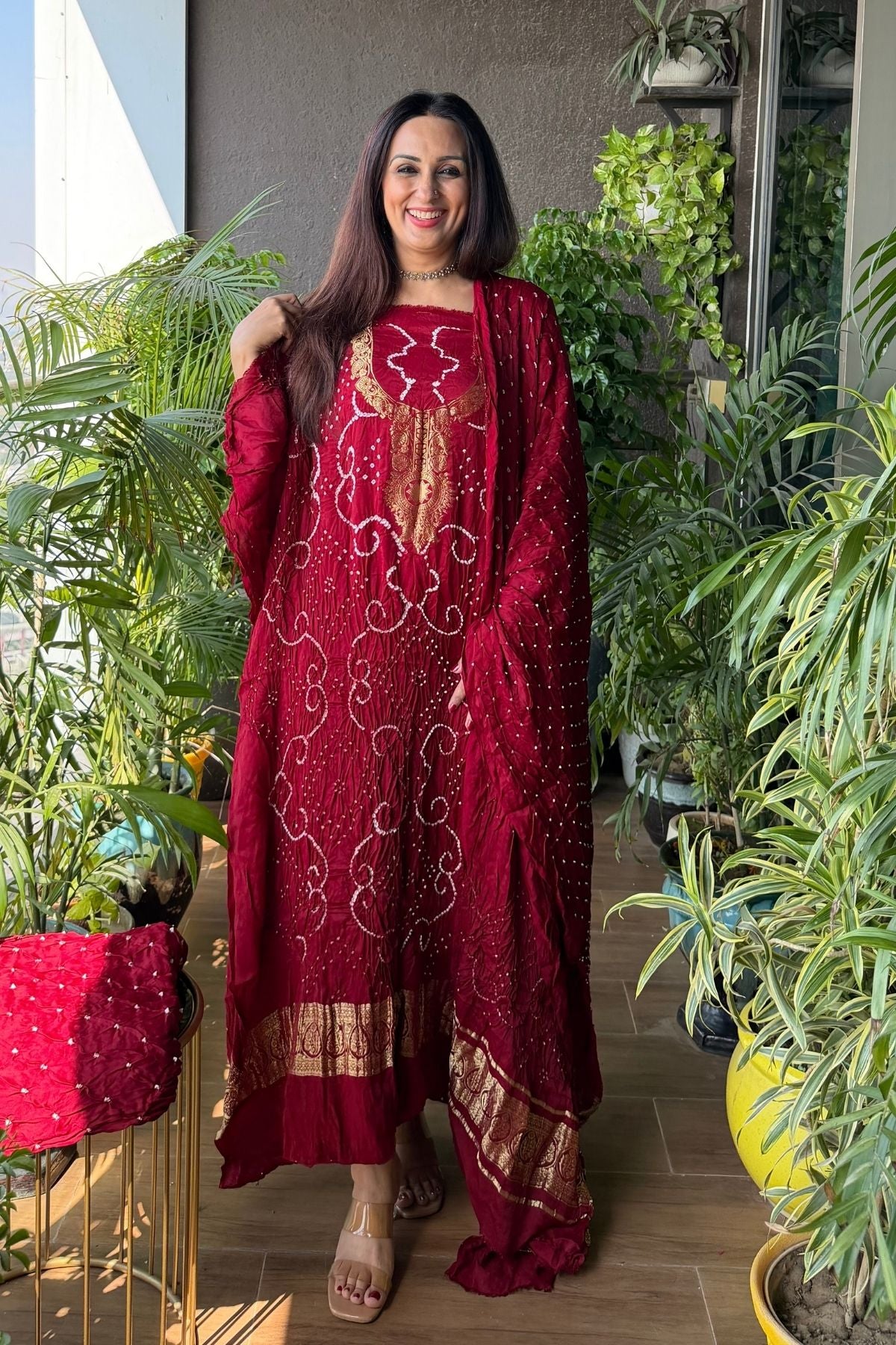 Pure modal silk full set with hand done bandhani and zari weaving!!