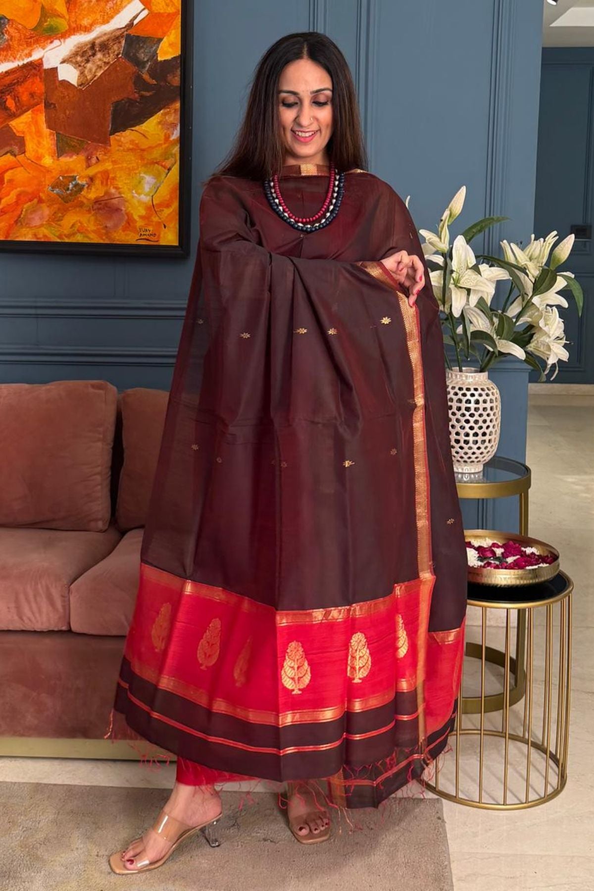 Maheshwari handloom silk by cotton kurta dupatta set