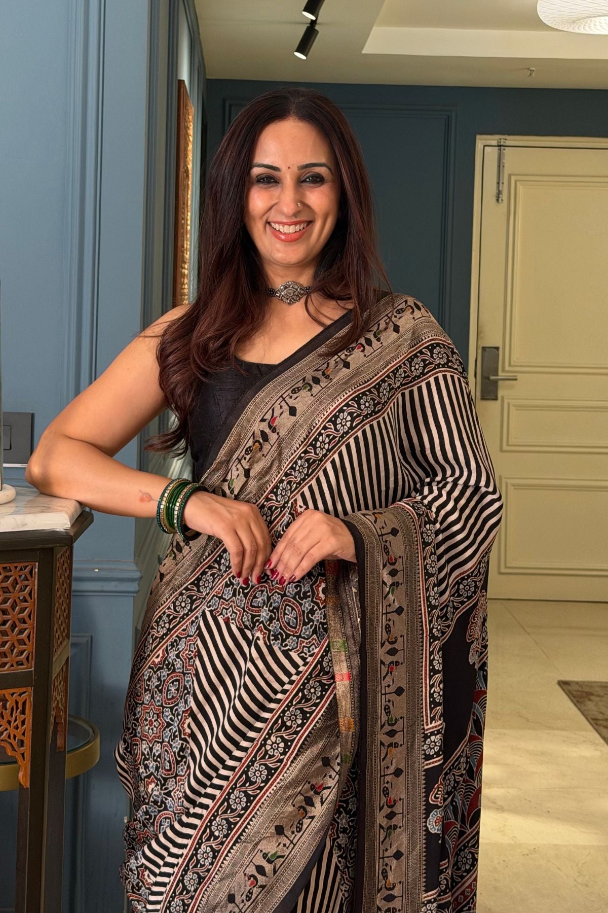 Handblocked Ajrakh with Paithani weave on pure modal saree!!