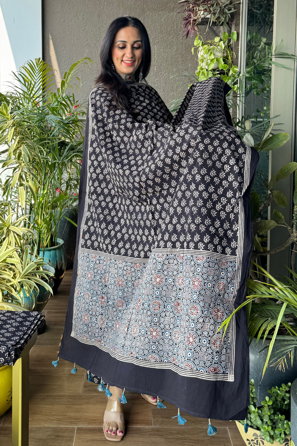 Black suit with panel in front and jaal on dupatta