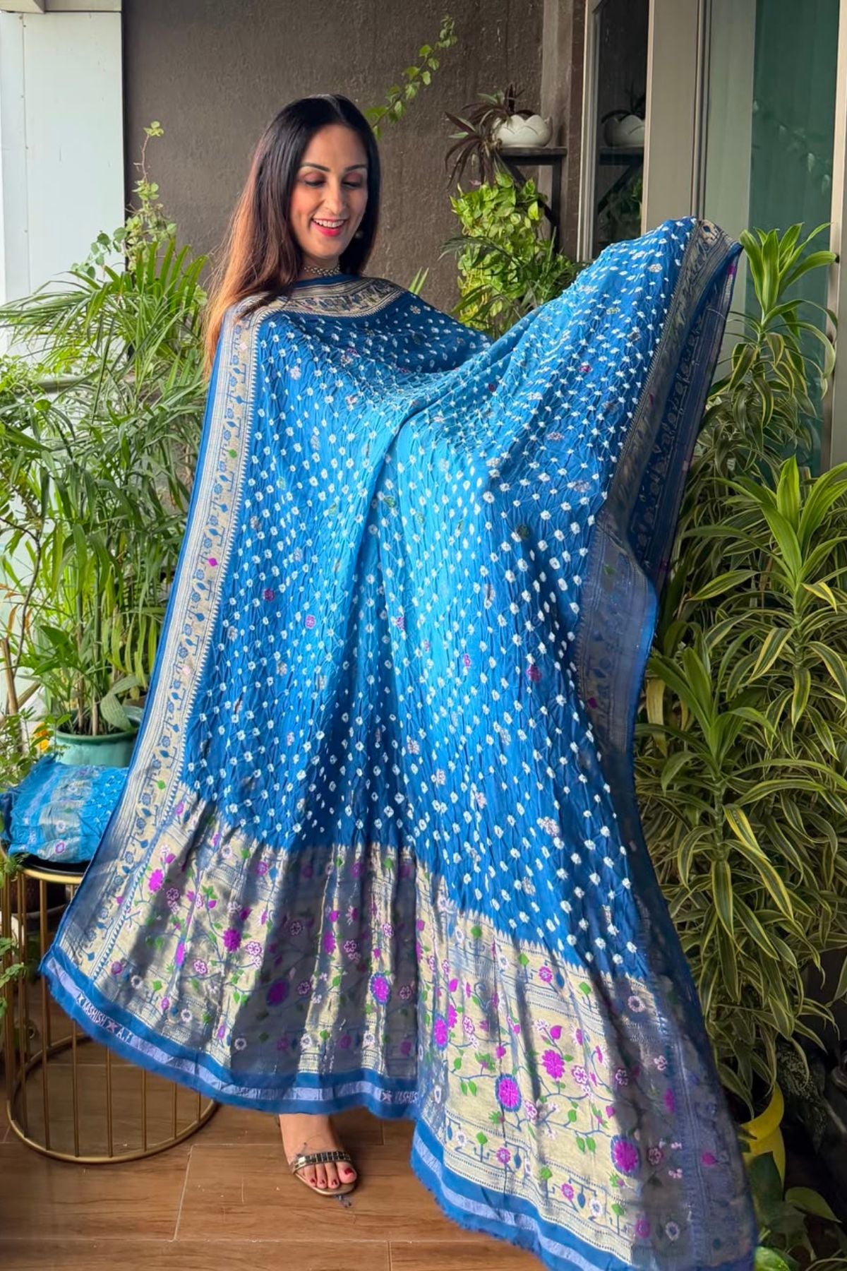 Pure gaji silk full set with hand done bandhani and zari weaving!!
