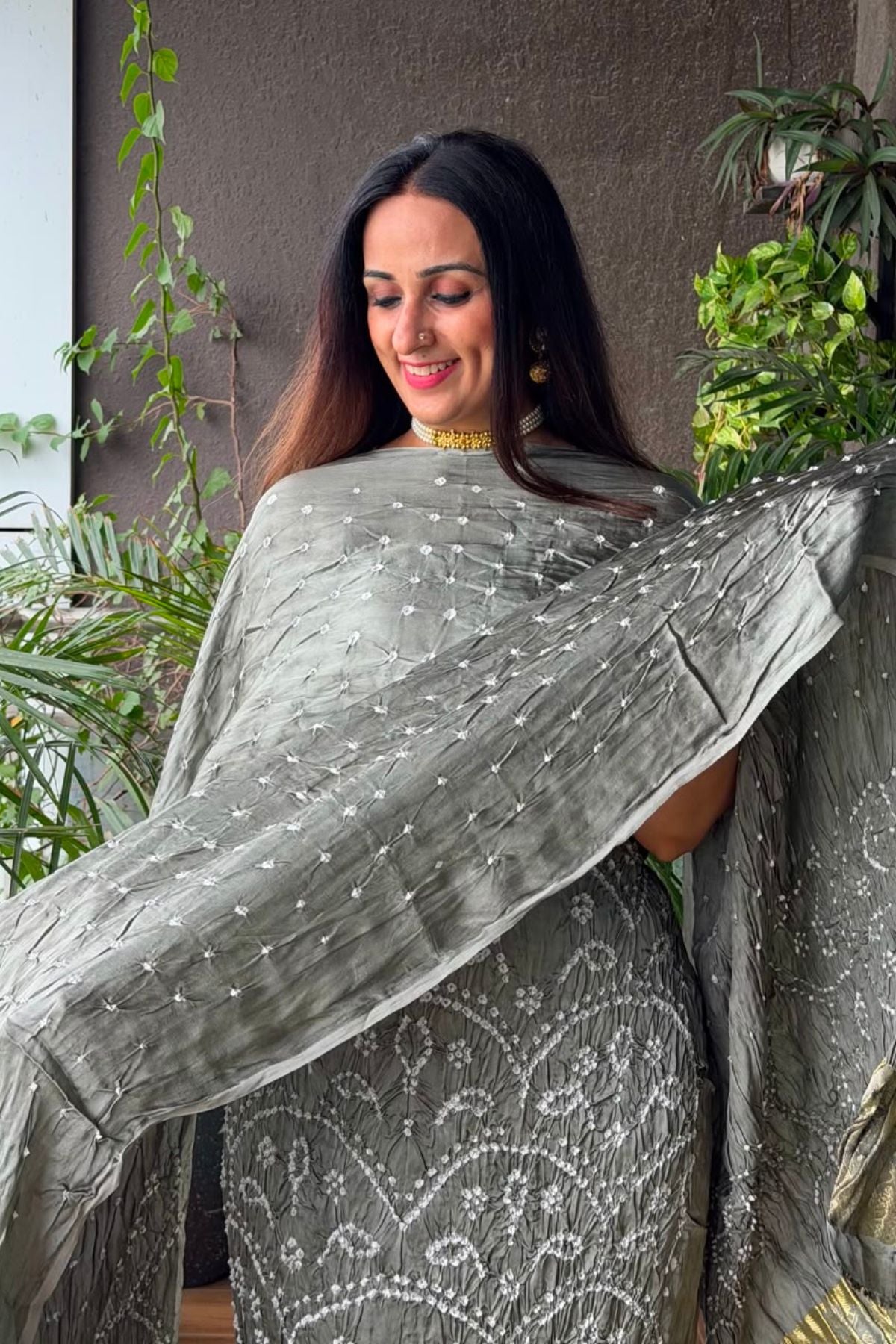 Pure modal silk full set with hand done bandhani and zari weaving!!