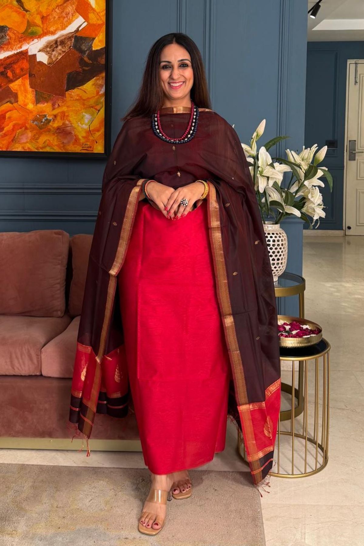 Maheshwari handloom silk by cotton kurta dupatta set