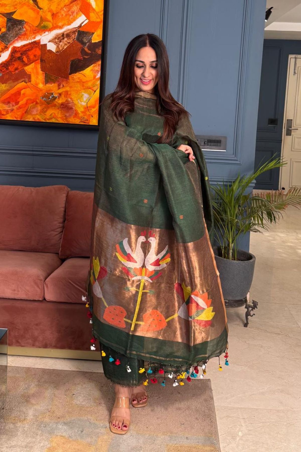 Paithani inspired Jamdani work on tissue linen